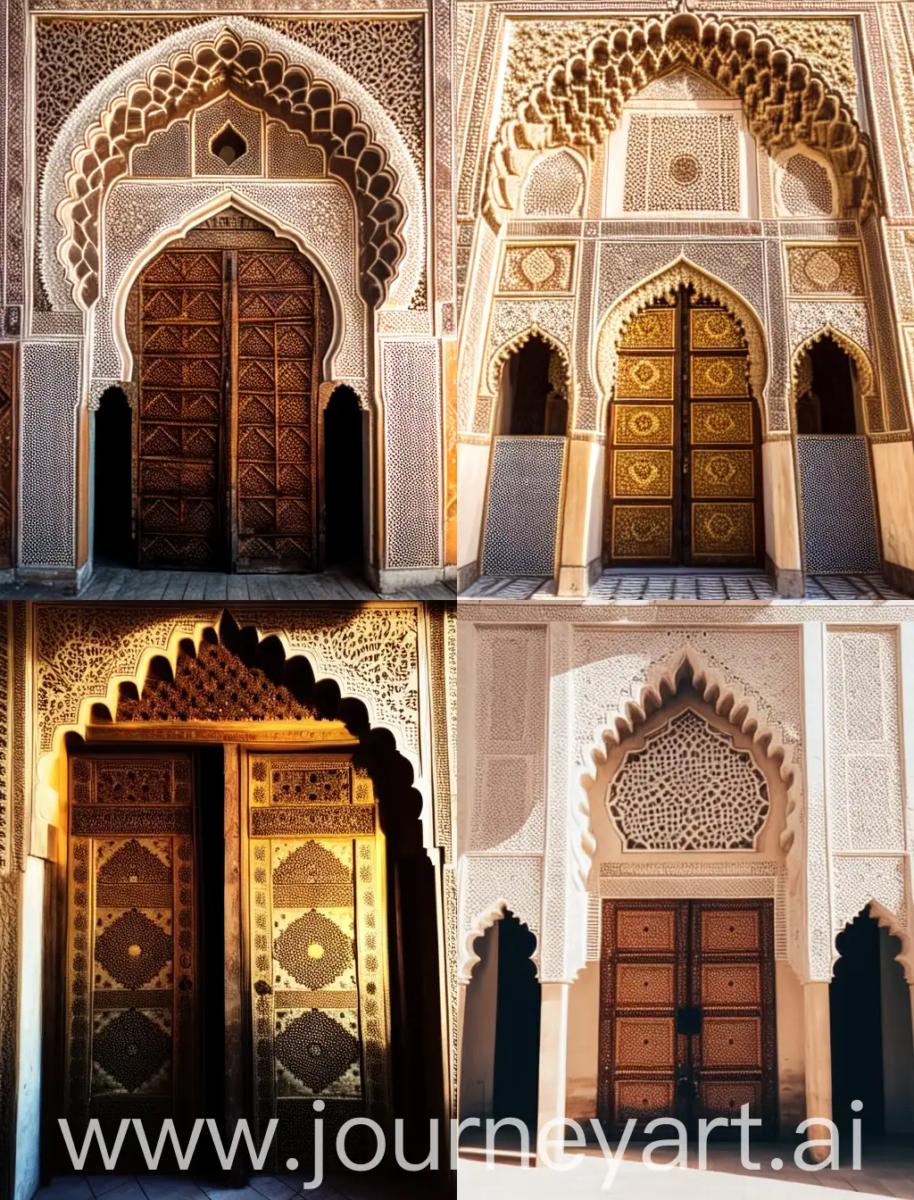 As the sun dipped low on the horizon, casting long shadows across the courtyard of the ancient mosque, the intricate Islamic patterns adorning the five towering doors seemed to come alive in the golden light. Each door bore its own unique design, a testament to the skilled artisans who had crafted them centuries ago.  Four of these grand doors stood firmly closed, their ornate carvings and delicate calligraphy catching the last rays of daylight. They whispered tales of the faithful who had passed through them over the years, their secrets locked away behind the sturdy wood.  But it was the fifth door that commanded attention. Unlike its counterparts, it stood wide open, inviting all who approached to step into its embrace. From within, a soft, ethereal glow spilled out, illuminating the courtyard and casting intricate shadows on the marble floor.  Those who dared to enter found themselves bathed in the warm embrace of the light, feeling a sense of peace wash over them as they crossed the threshold. It was as if the door itself held the promise of divine guidance and enlightenment, beckoning the weary traveler to find solace within its luminous embrace.  And so, amidst the tranquil beauty of the mosque courtyard, the five doors stood as silent sentinels, each holding its own story and offering its own path. But it was the fifth door, with its radiant glow and welcoming aura, that held the true promise of transformation and spiritual awakening for all who sought it.