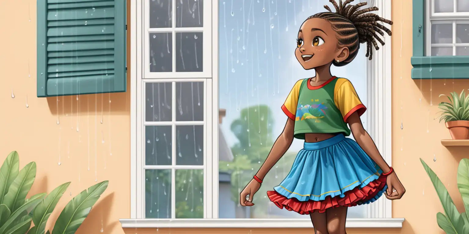 African Girl in Colorful Ballet Skirt Watching Rain from Bedroom Window