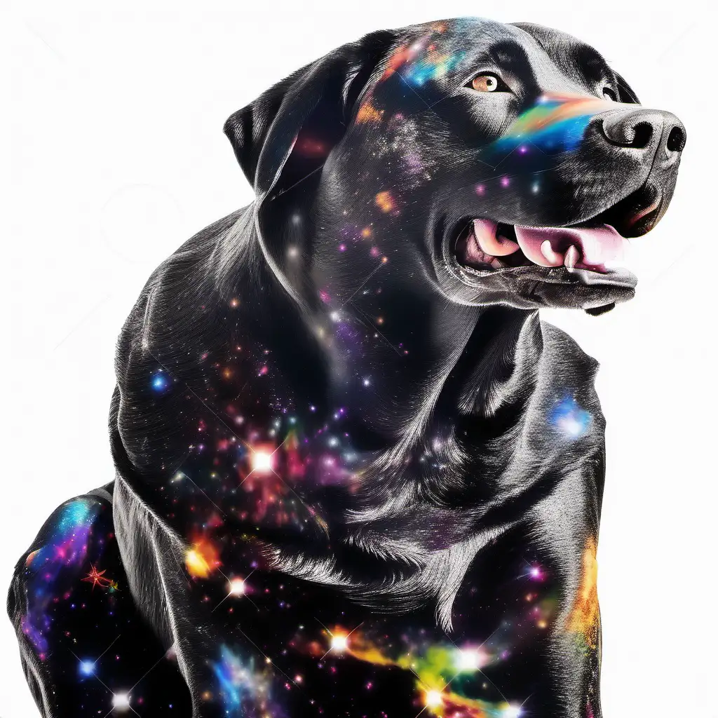 Labrador retriever mastiff mixed, dog sitting, 3d, very psychedelic background behind dog, in outer space, stars, galaxies, no white space 