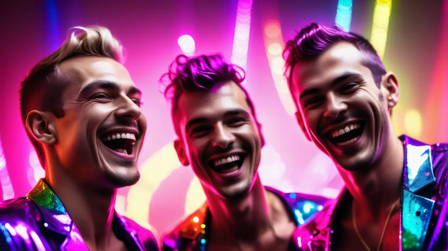 "Party portrait of gay men at a modern crazy party, laughing face, rainbow neon synthwave attire, sparkles and glitter in the environment, Bokeh quality, Blurred background, realistic --style raw --s 300 --ar 9:16 --v 6.0"👈