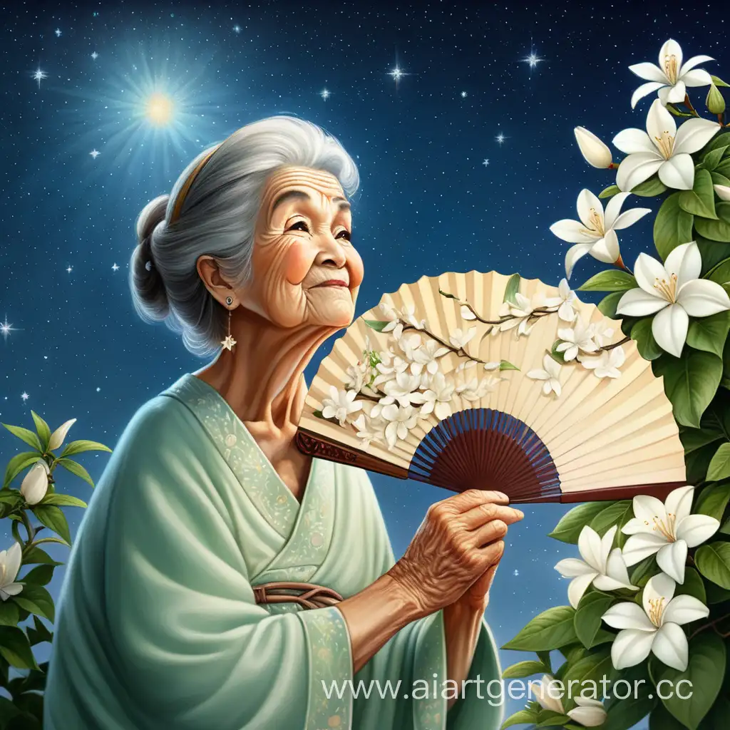 бабушка с веером, рядом несколько больших и красивых жасминов, на небе несколько больших звезд