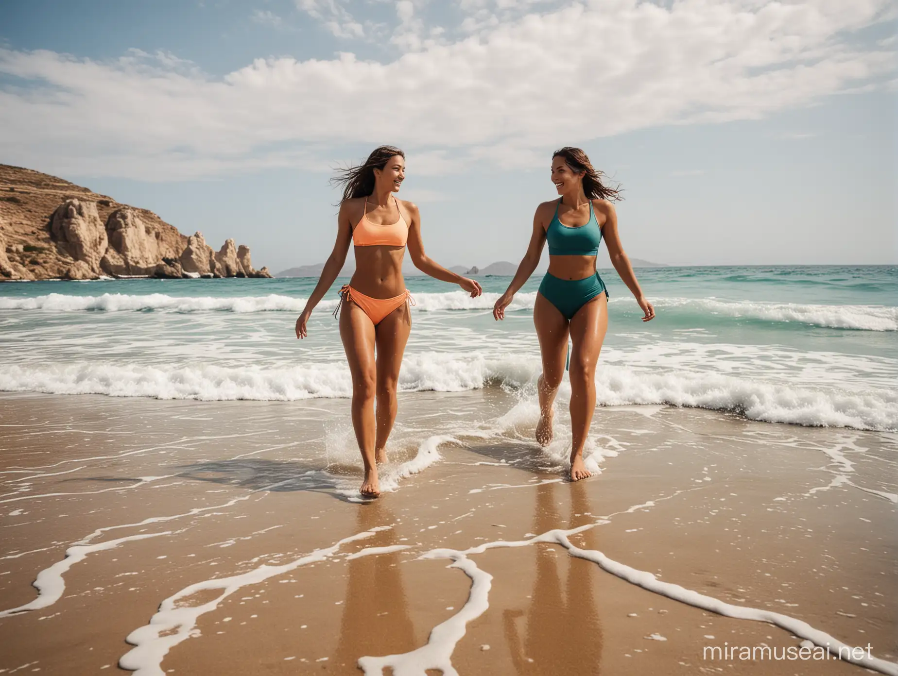 Hyperrealisc foto. A 25-year-old women, a tanned complexion, wearing a matching fitness outfit runs with her feet in the waves on a deserted greek beach accompanied by here boyfriend. Colourful splashes. Wide angle fotographie