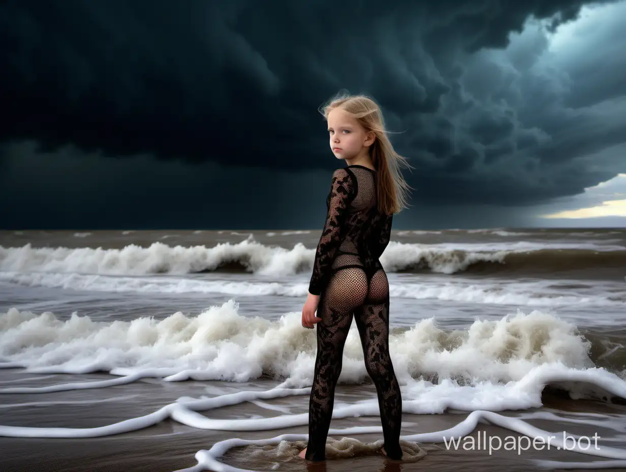 an 11-year-old girl in a bodystocking stands on the shore of a raging sea under the sky under the stormy sky