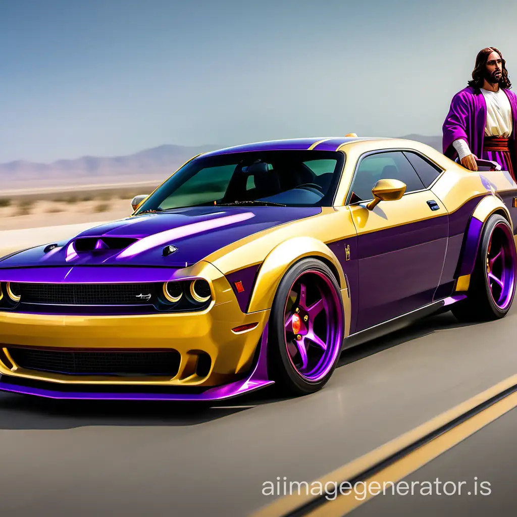 Jesus riding in a purple and gold wide body hellcat
