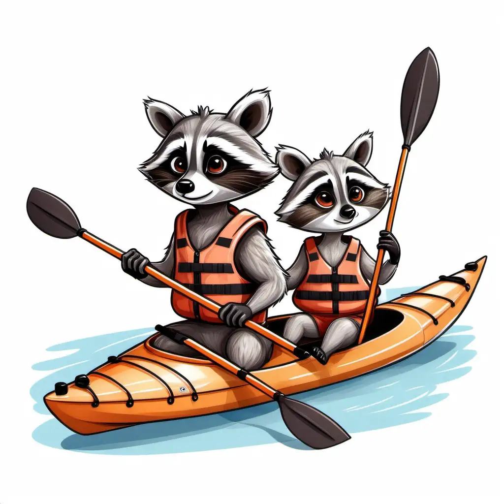 one male and one female cute adult cartoon racoon, in Hanna Barbara style in paddling clothes, each sitting in its own kayak, on white background
