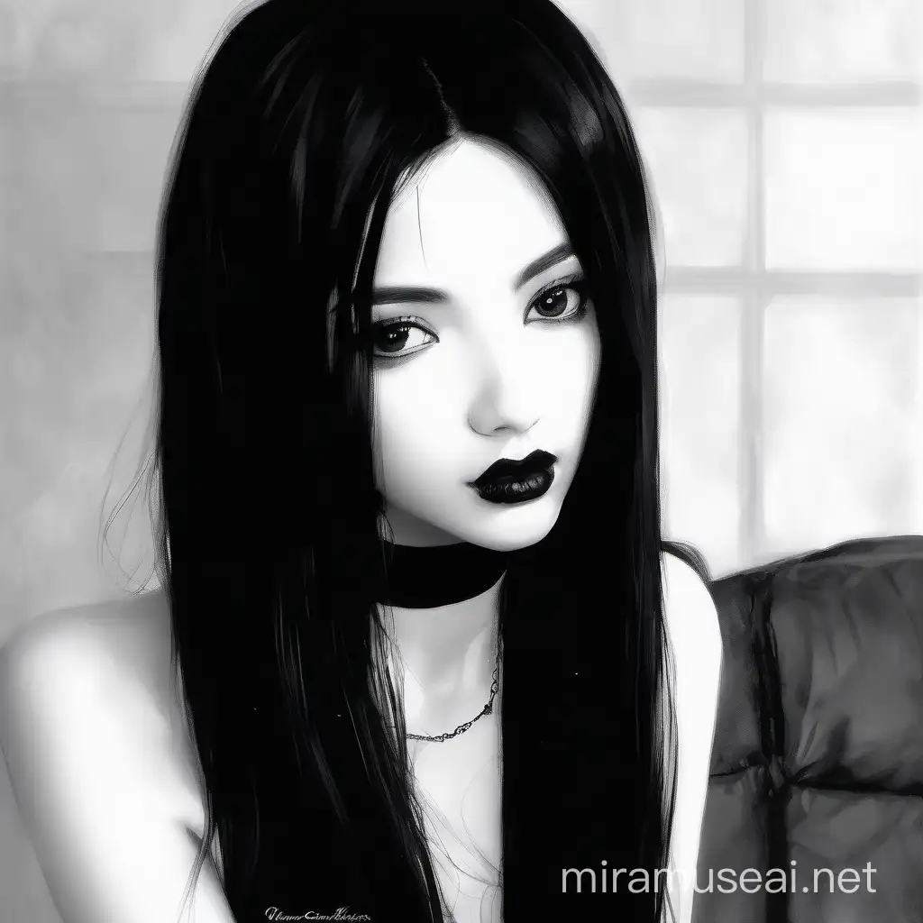 black and white, hyperrealistic, girl, very long black hair, black latex choker, black lace
