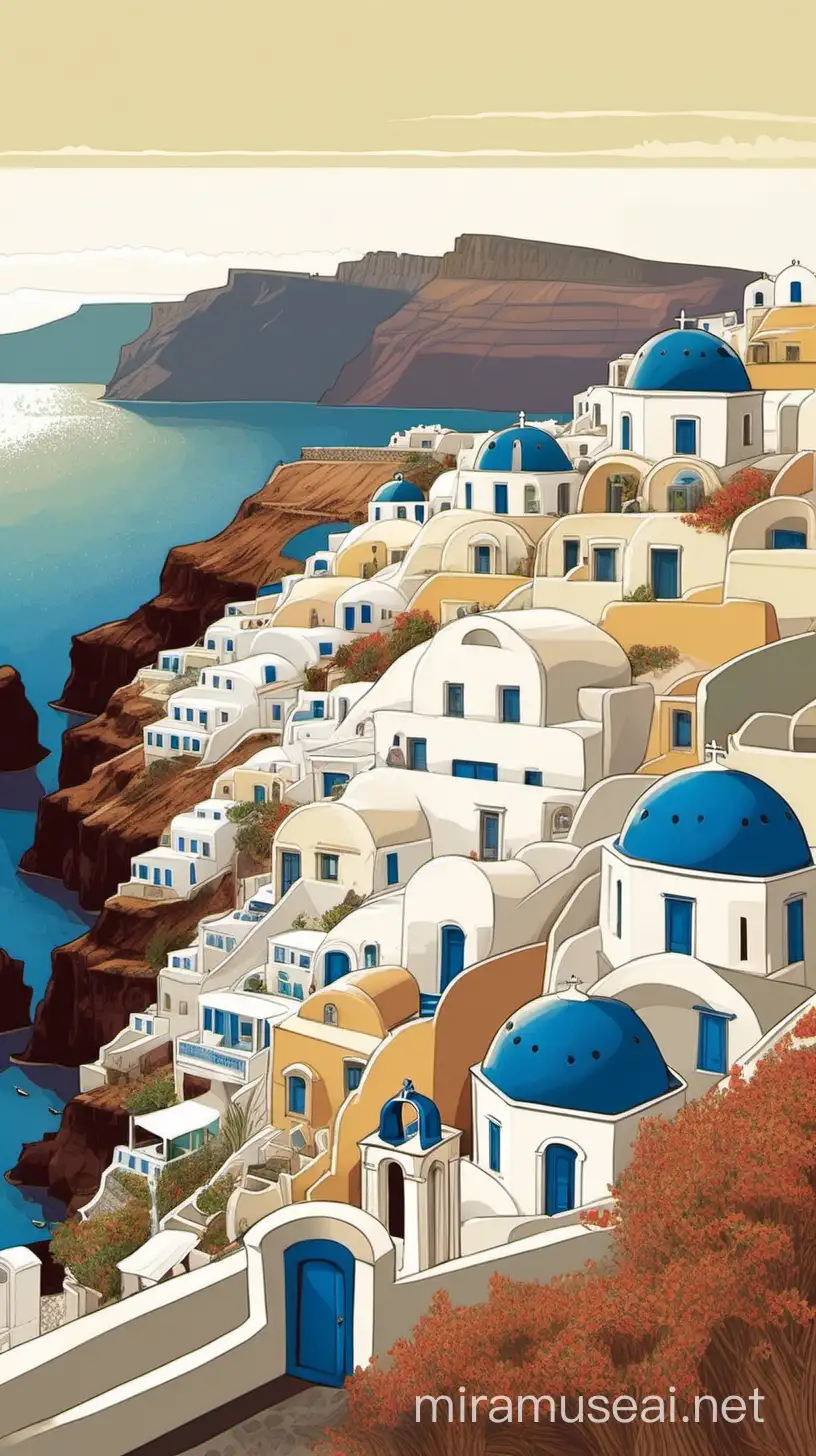 colored illustration of typical santorini houses with a view of the ocean by the cliff