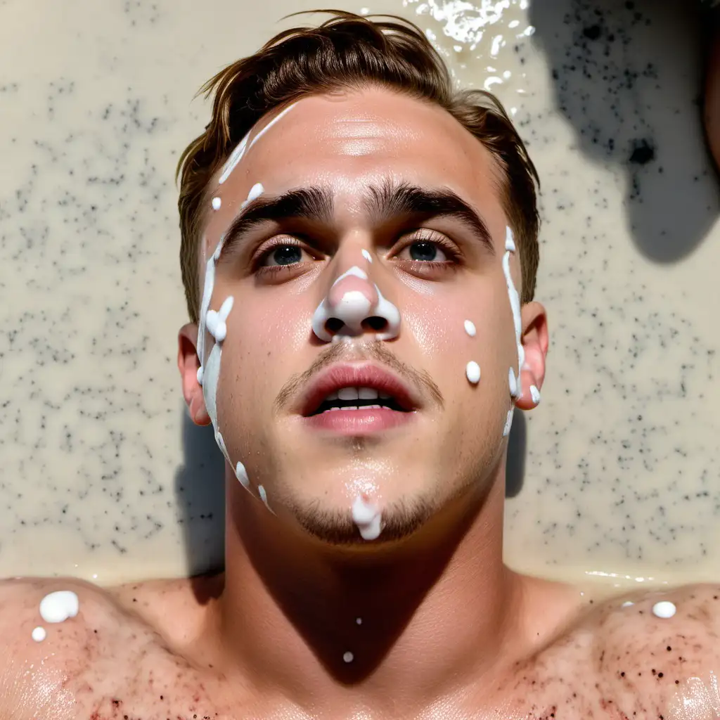 Dacre Montgomery, pov shot, looking up from ground, milk splattered on face