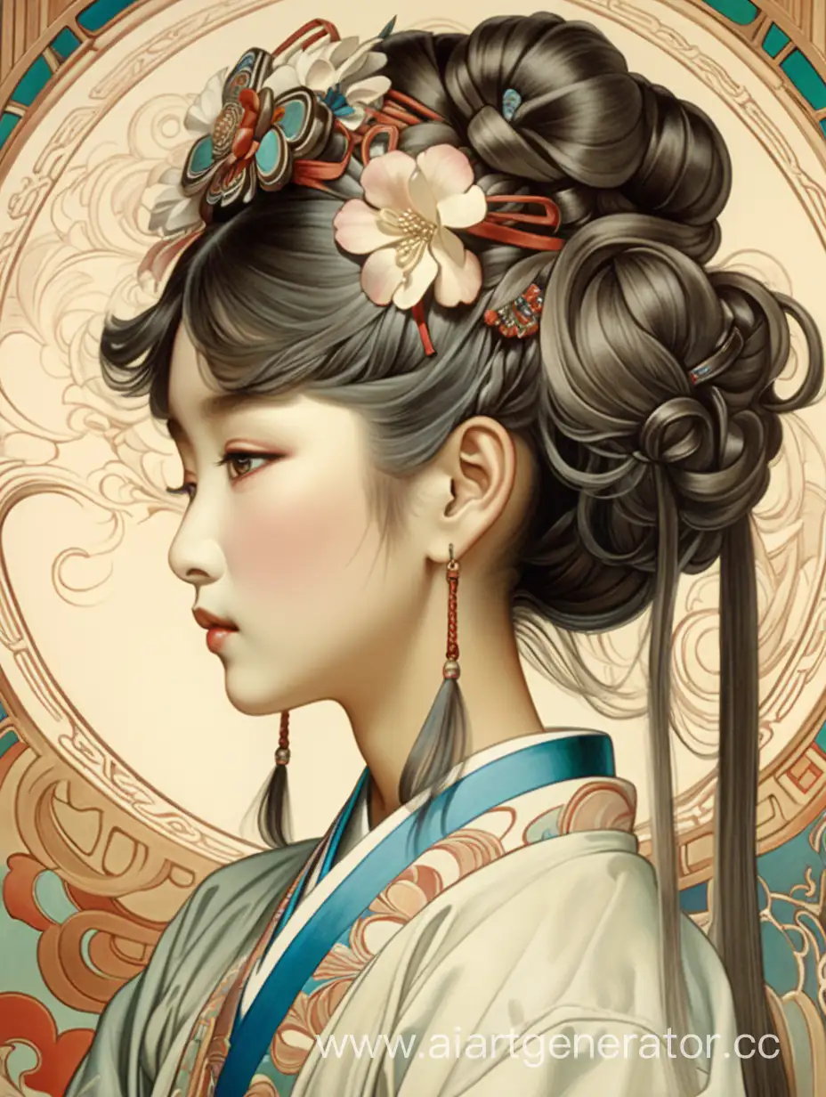 Korean-Woman-with-Traditional-Hairstyle-Inspired-by-The-Art-of-Alphonse-Mucha