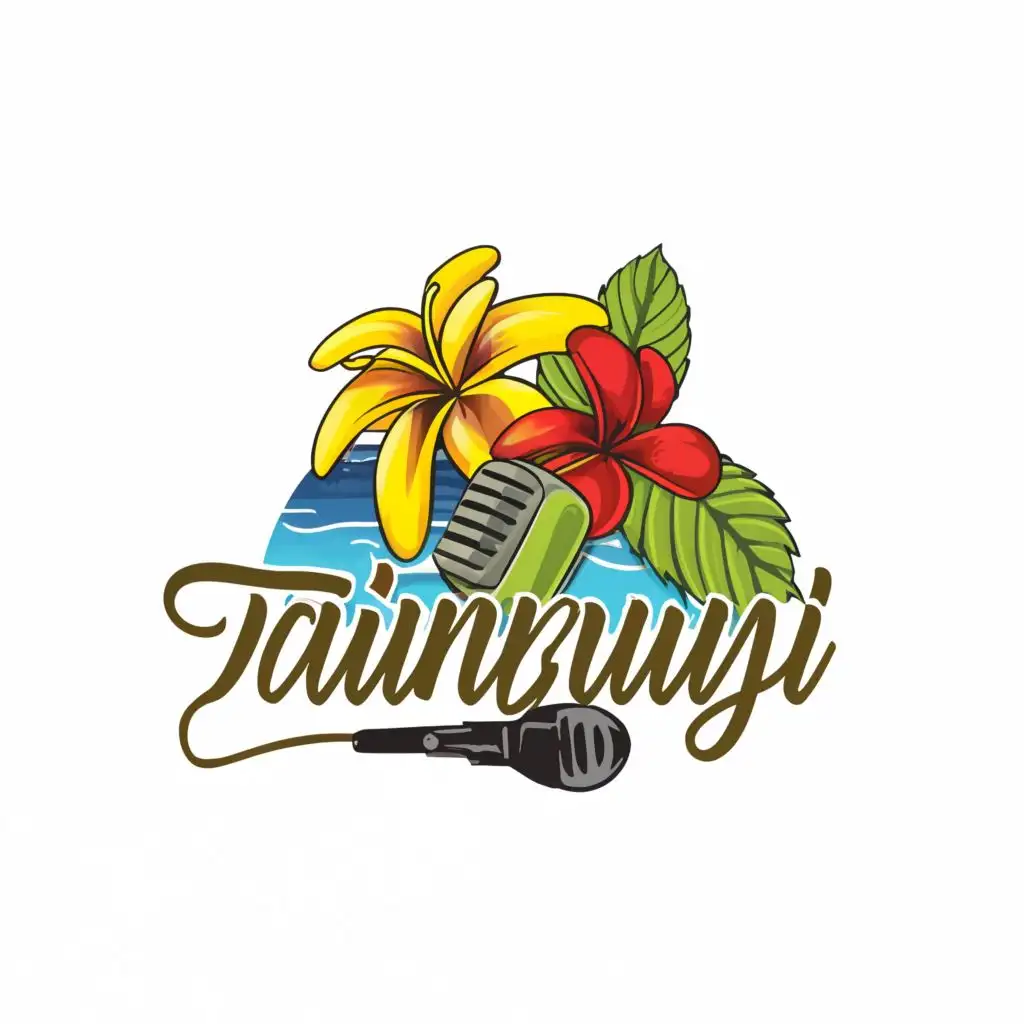 logo, plumeria flower, coconut frond and mic