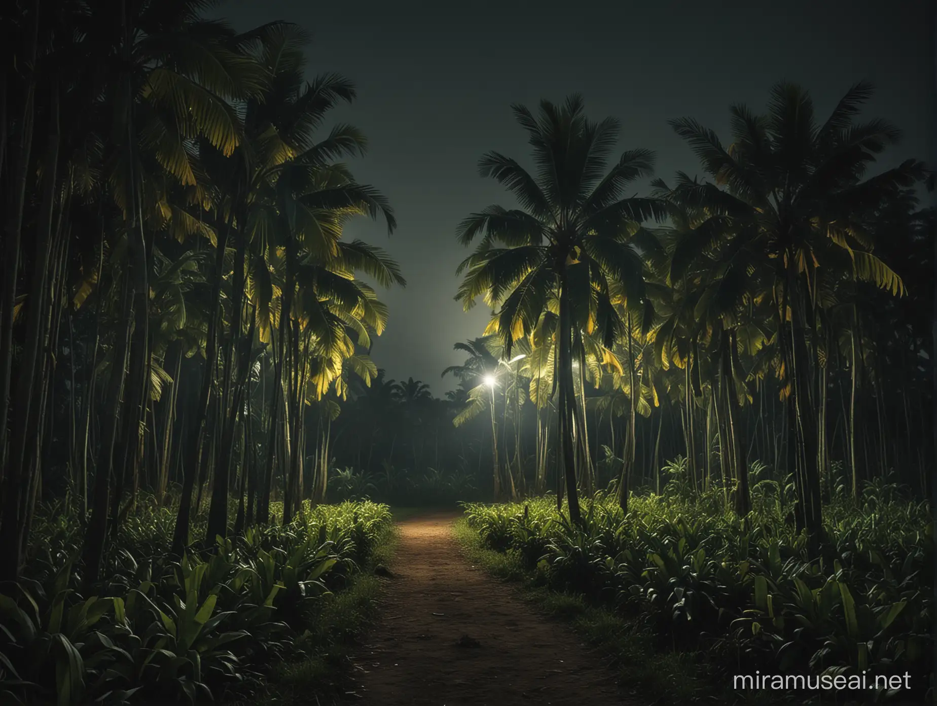 sebuah pedesaan di indonesia.pohon pisang.malam hari.menyeramkan.efek cahaya