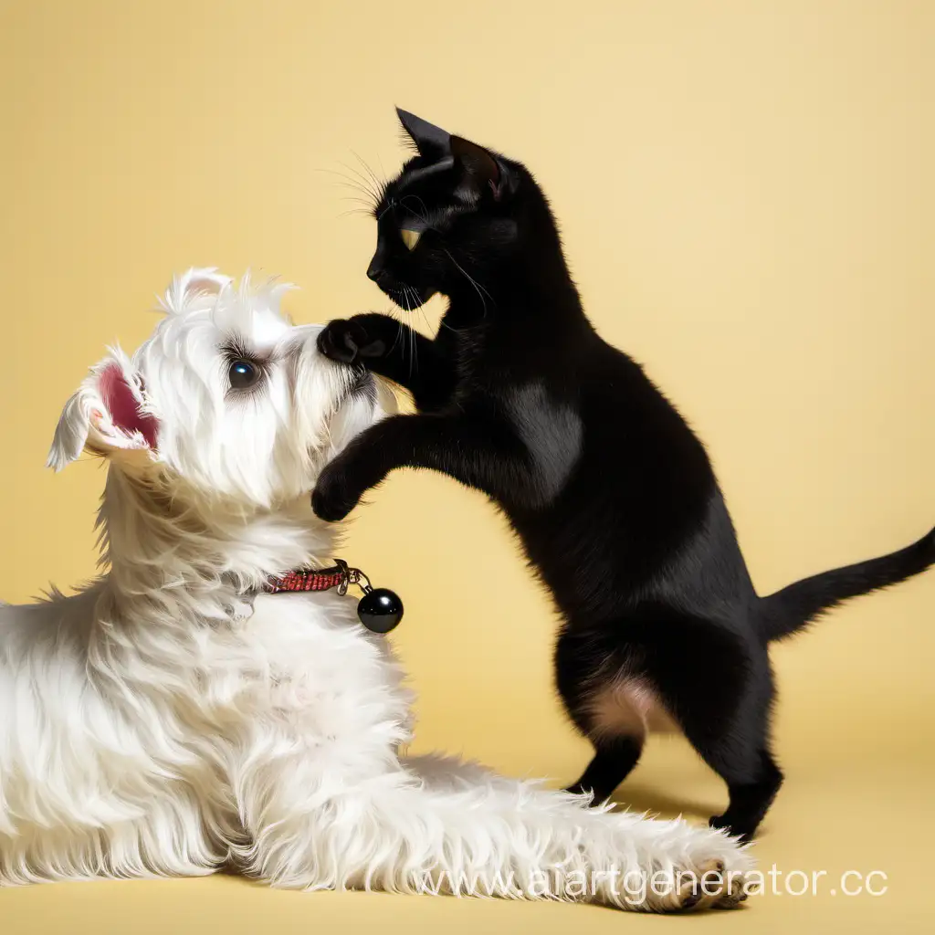 White terrier dog kissing black cat