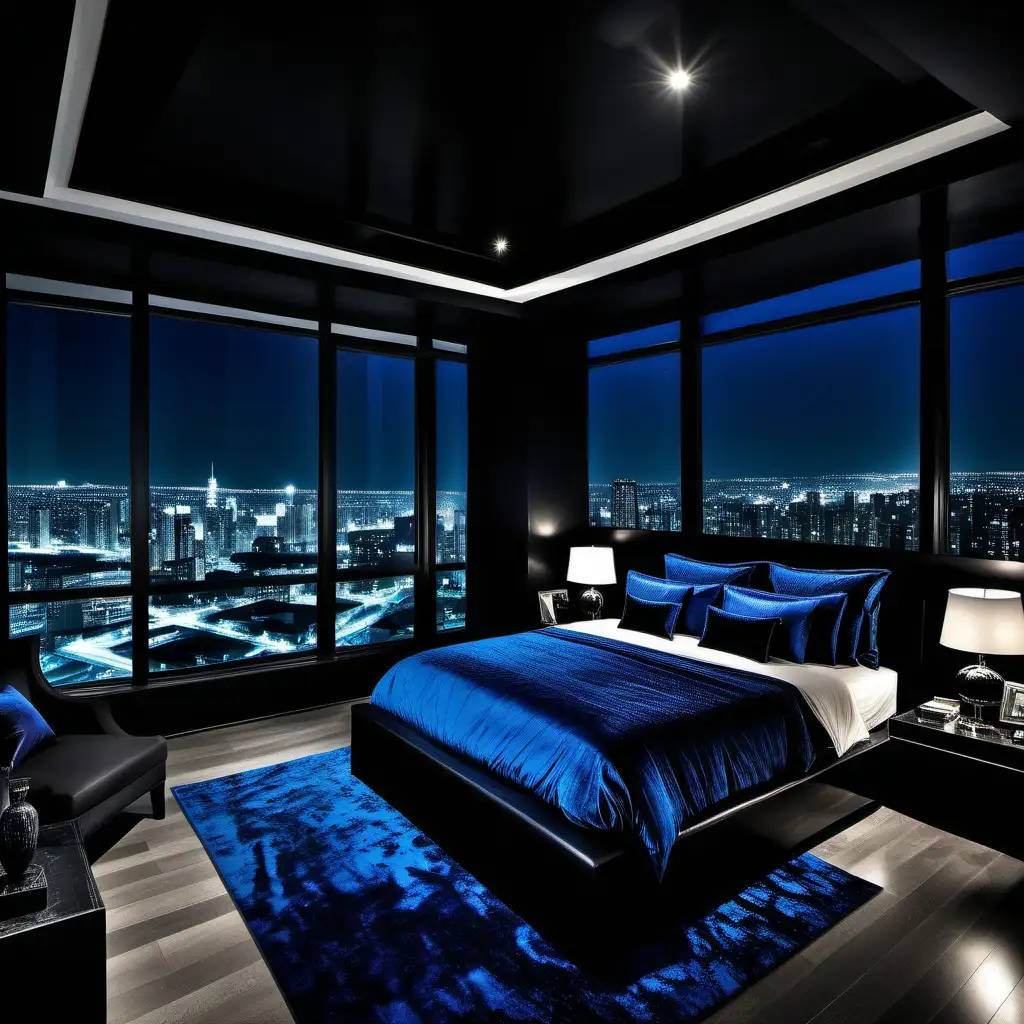 Draw me a modern all black luxurious black and blue penthouse gigantic bedroom In a city night 