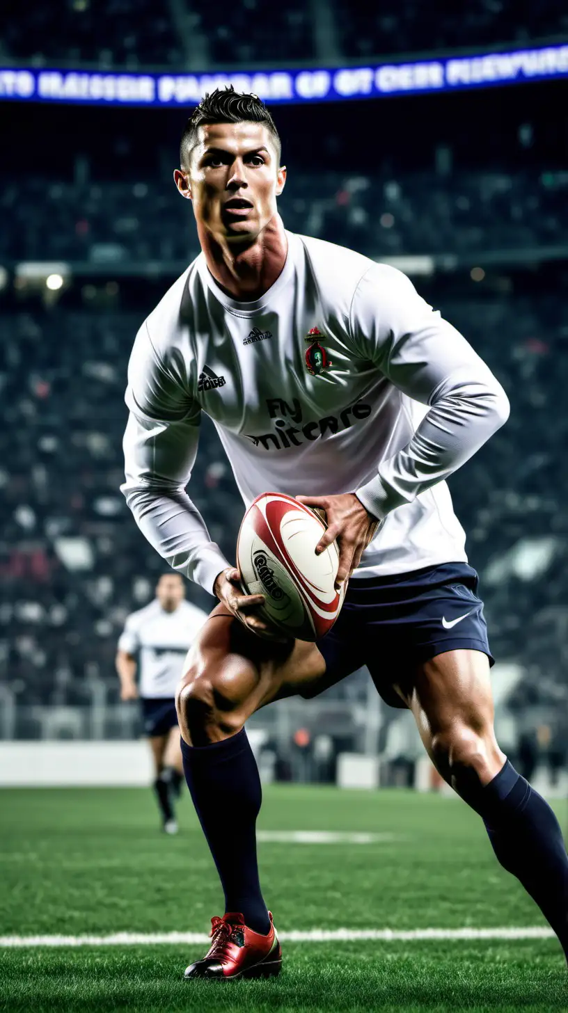 Cristiano Ronaldo is playing rugby, stadium and players background 