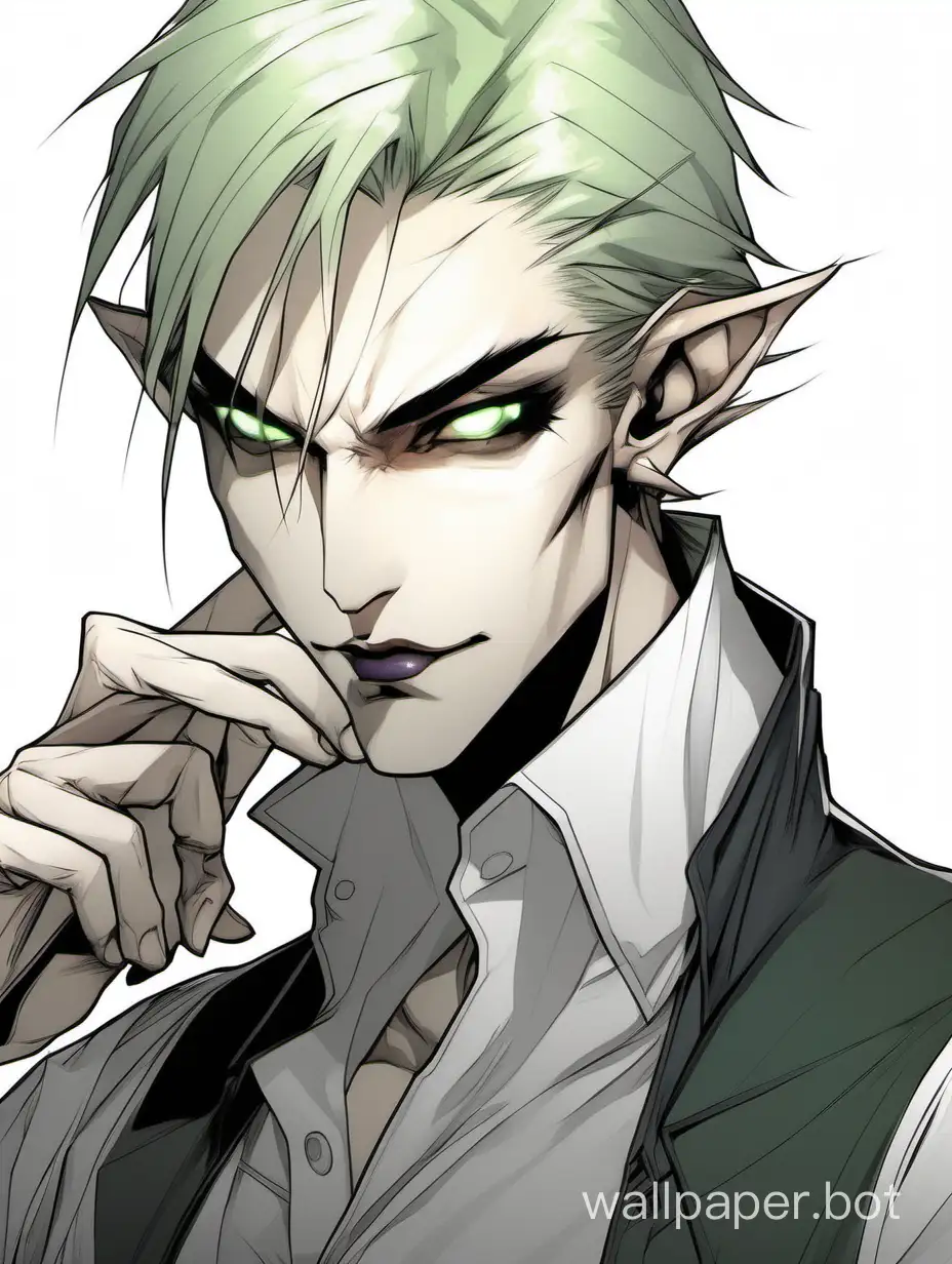 villain-coded vampire, modern vampiric man, tall, slender, androgynous, ash blond hair, hair length down to chin jaw, elf-like, tech wear, sadist, pale green-grey eyes, half-closed eyes, defined under eyes, angular high eyebrows, high browbone, sleek cheekbones, pale skin, pale lips, long angular face, pronounced frontal process of maxilla, mechanist, mechanic, inventor, engineer, pointed ears, smooth chin, long sharp straight nose, young adult, modern, grunge, charming, naughty, looking at cellphone, lithe, sleeveless white shirt