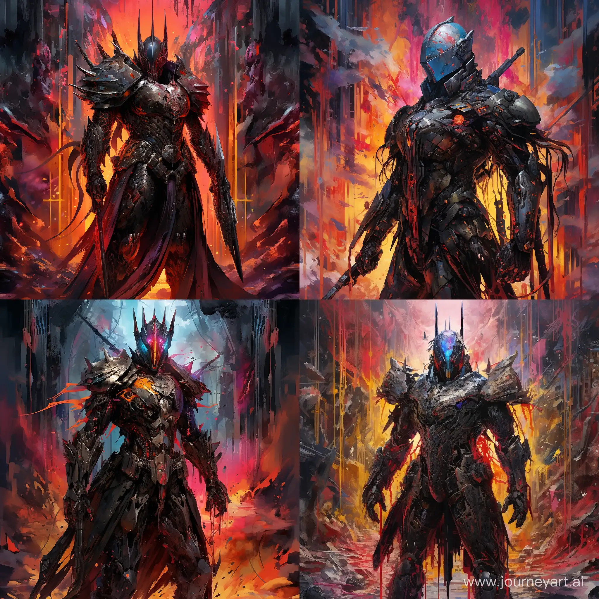 Full length portrait, A black knight in armor stands at full height, in cyberpunk style, an explosion of colors, abstraction 