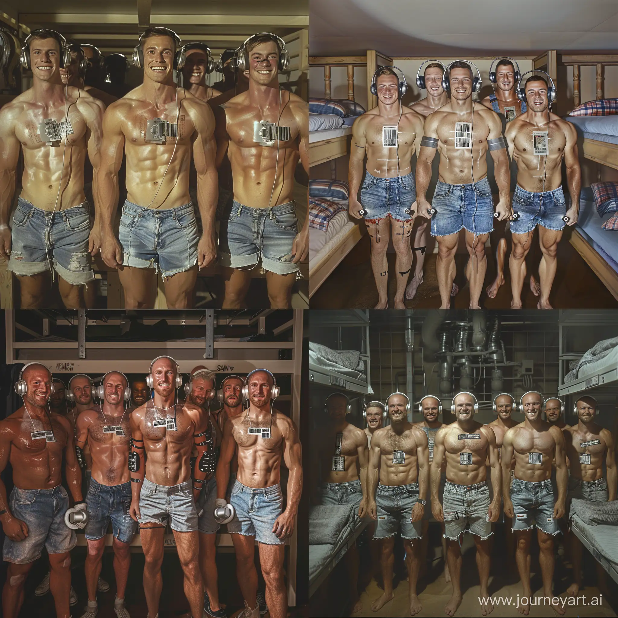 Handsome muscular men of all ages each wear silver headphones and fitted denim cutoff shorts, dazed smiles, small barcode attached to each man's chest, youth hostel dormitory bunkbed setting, facing the viewer, mass indoctrination, color image, hyperrealistic, cinematic