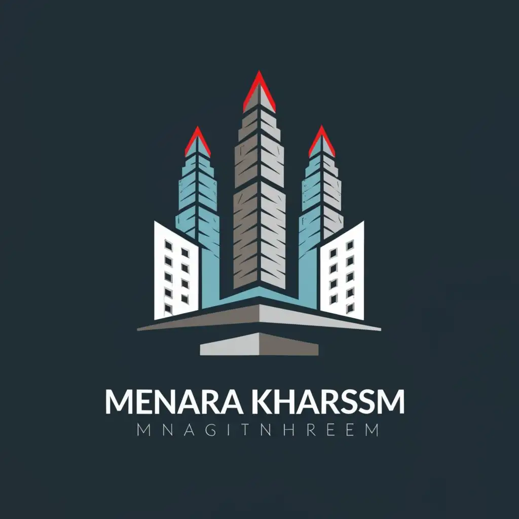 a logo design,with the text "Menara Kharisma", main symbol:super block buildings with wide podium and two towers,Minimalistic,be used in Technology industry,clear background