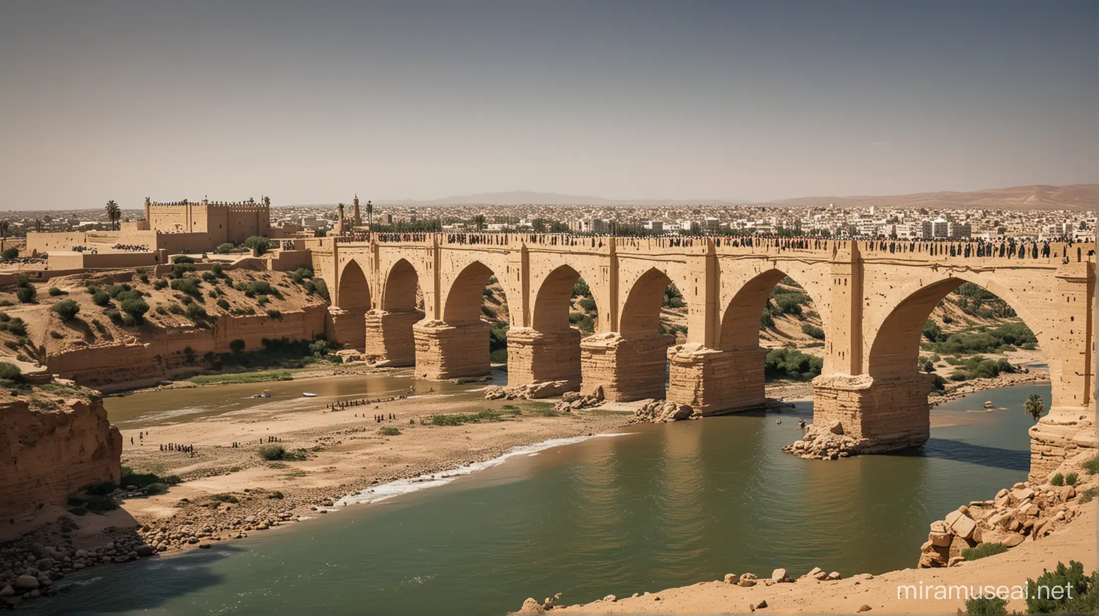 Create an image depicting the Qantara of Oued El Makhzen in Morocco during the sixteenth century, focusing on its strategic importance in connection with the Battle of Oued El Makhzen or the Battle of the Three Kings, which occurred on August 4, 1578. Show the bridge as a crucial point in the battle, with Portuguese forces attempting to escape across it but finding it destroyed, leading to chaos and drowning in the river. Highlight the decisive victory of the Moroccan army and the significance of this battle as a turning point in the history of Morocco and Portugal. Capture the atmosphere of the battlefield, the river, and the historical context of the event to convey the intensity and impact of this pivotal moment.
