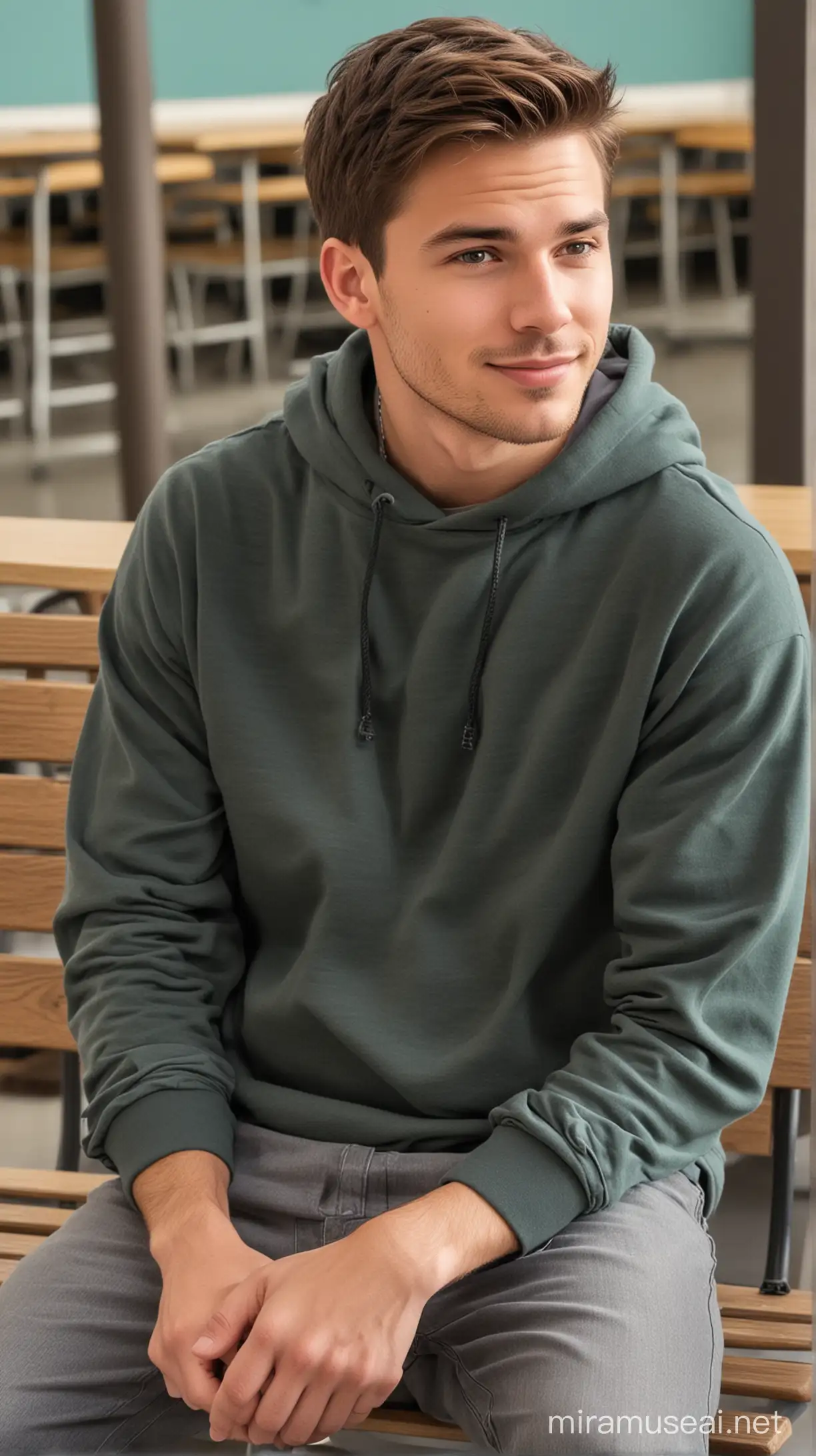 Handsome Guy Relaxing on Cafeteria Bench