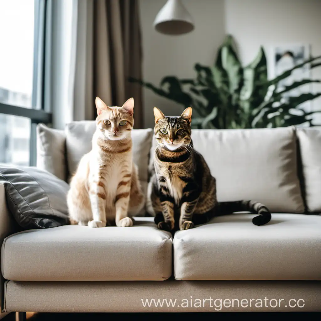 сгенерируй фотографию двух котов, сидящих на диване в современной квартире при дневном освещении