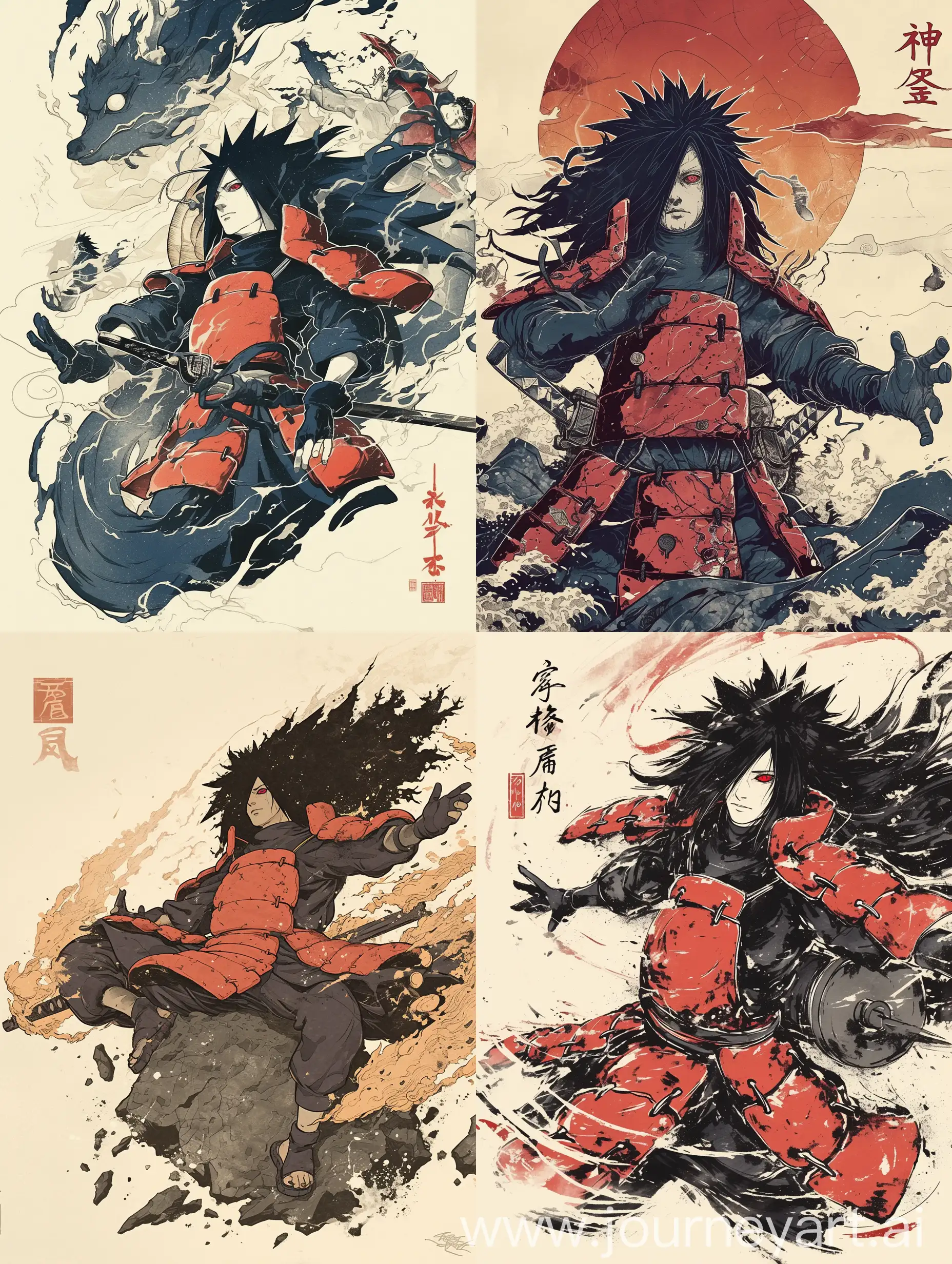 {Madara}, {Naruto}, in the style of a Sumi-e Ink poster design, meticulously detailed, heroic masculinity --niji 6