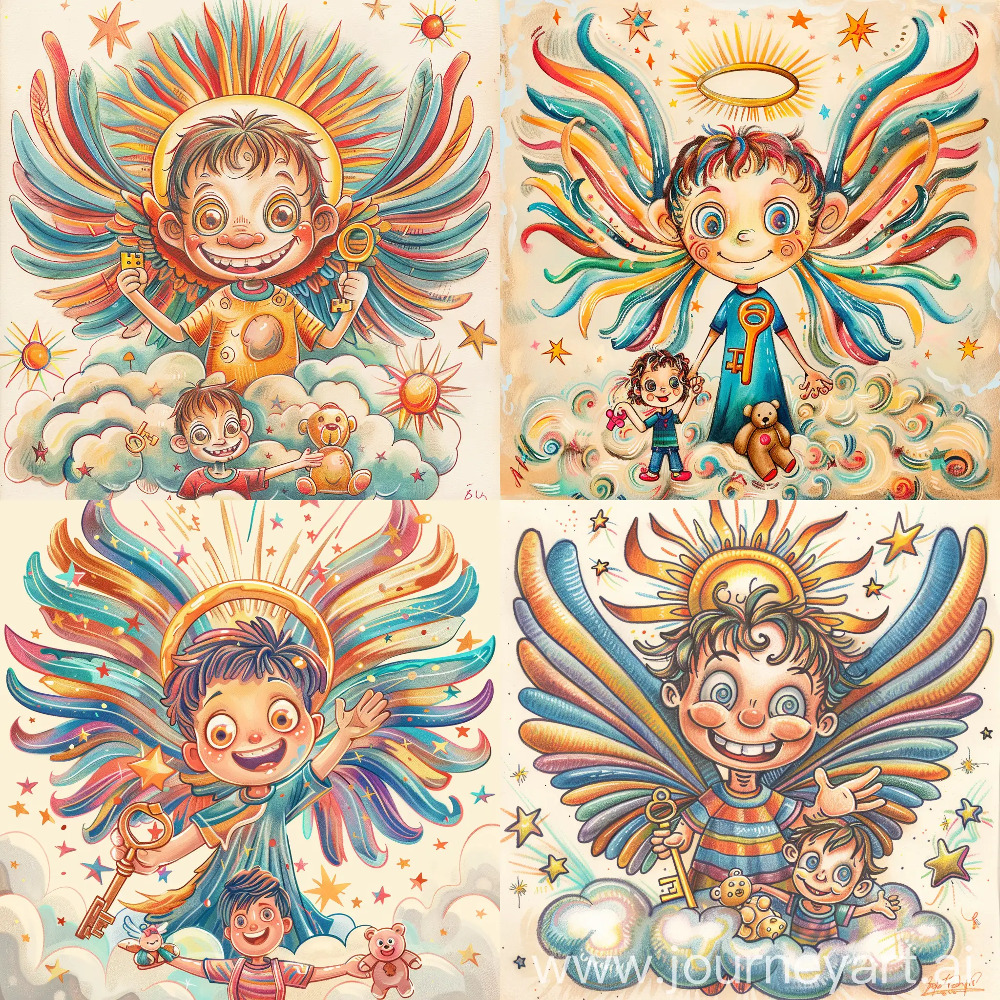 Guardian-Angel-with-Colorful-Wings-and-Smiling-Child-in-the-Clouds