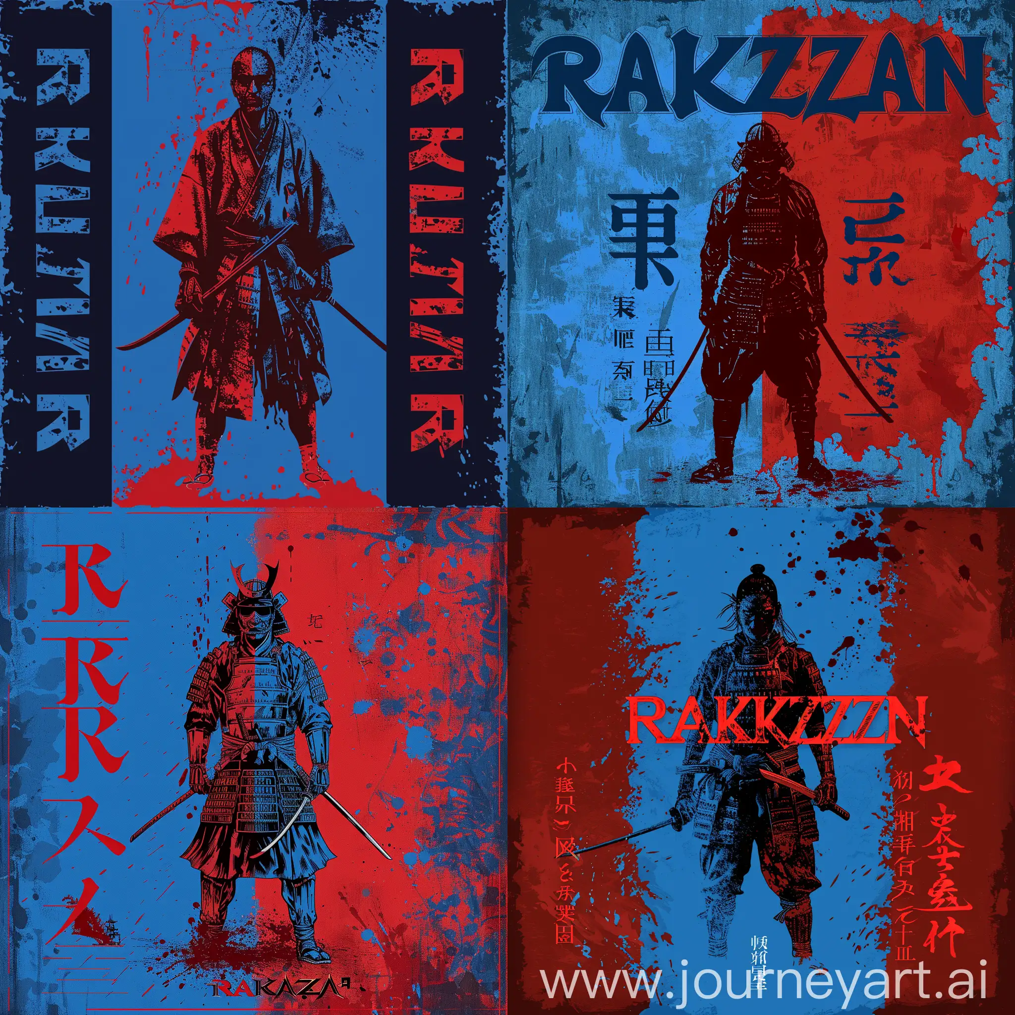 Eine Blau und Rot Hintergrund , Zentriert steht Rakuzan, dass text Rakuzan ist zweifärbig mit blau und rot, seblst Bild auch Links Blau rechts Rot, in der Mitte steht noch eine Samurai mit seine Katana vollig auf Blut