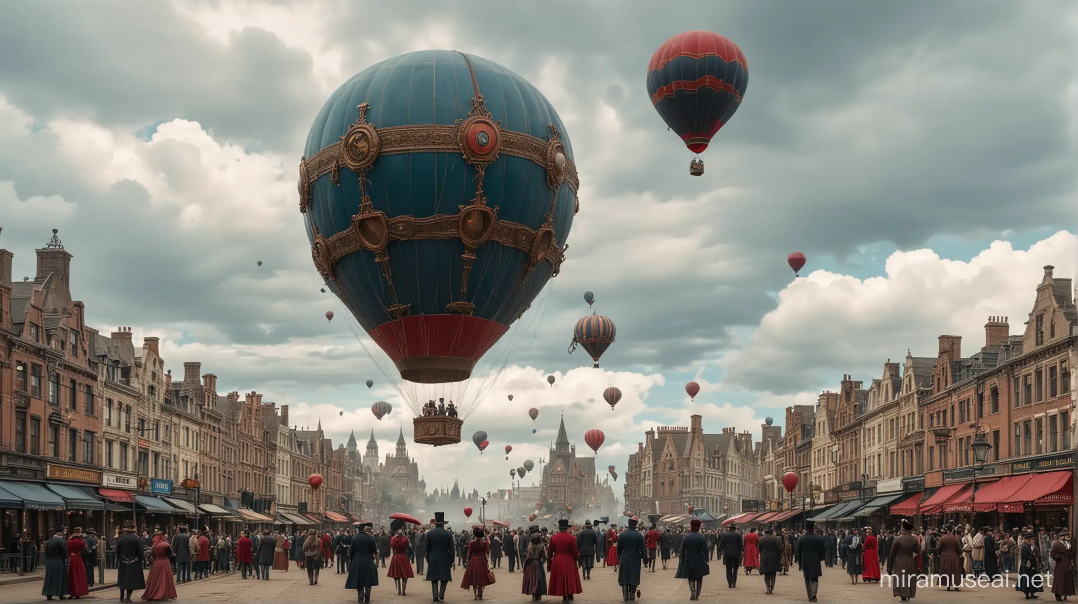 big steampunk blue and red air balloon  flies over  the center of a steampunk city. people in victorian suits wave to the passengers of the balloon. cloudy.