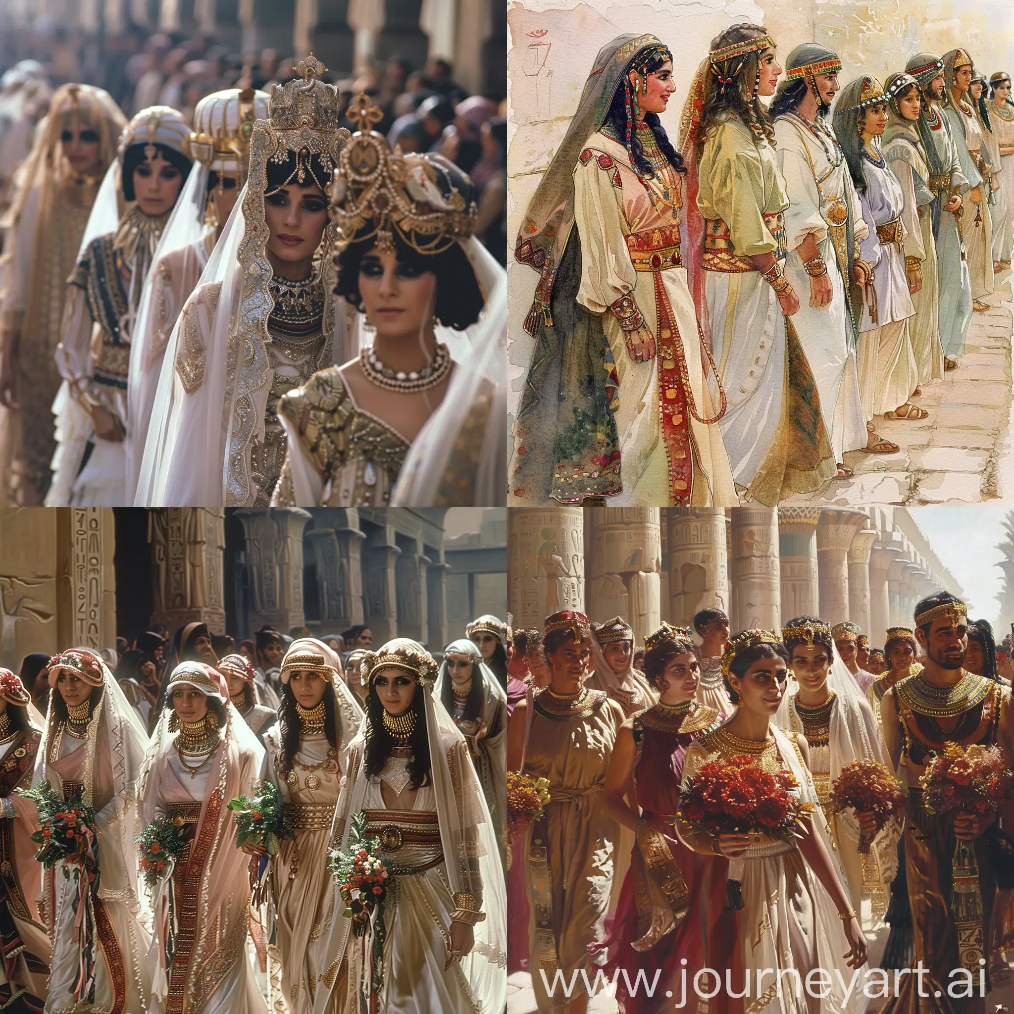  Wedding procession, showcasing traditional Egyptian wedding attire.
Text: "Rituals and Celebrations: Dressing for Special Occasions"
Description: Exploring the significance of clothing in Egyptian rituals and celebrations, with a focus on wedding attire and other cultural ceremonies.
