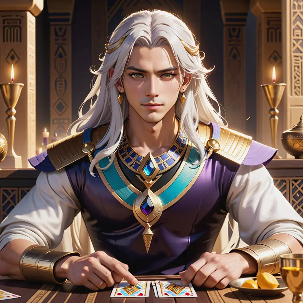 Cyno from Genshin Impact, young man with long flowing white hair, golden eyes, neutral expression, dressed like an Egyptian pharaoh with wide gold collar on chest, ancient Egyptian attire, seated at a table with a cup of wine, holding cards