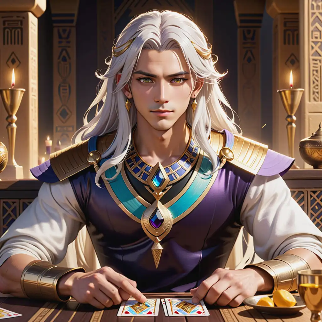 Cyno from Genshin Impact Egyptian Pharaoh Themed Card Game Scene