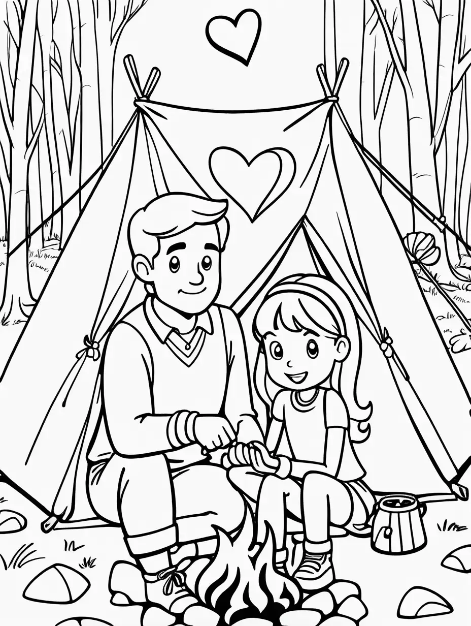 Whimsical Cartoon Daddy and Daughter Valentines Day Campfire Scene