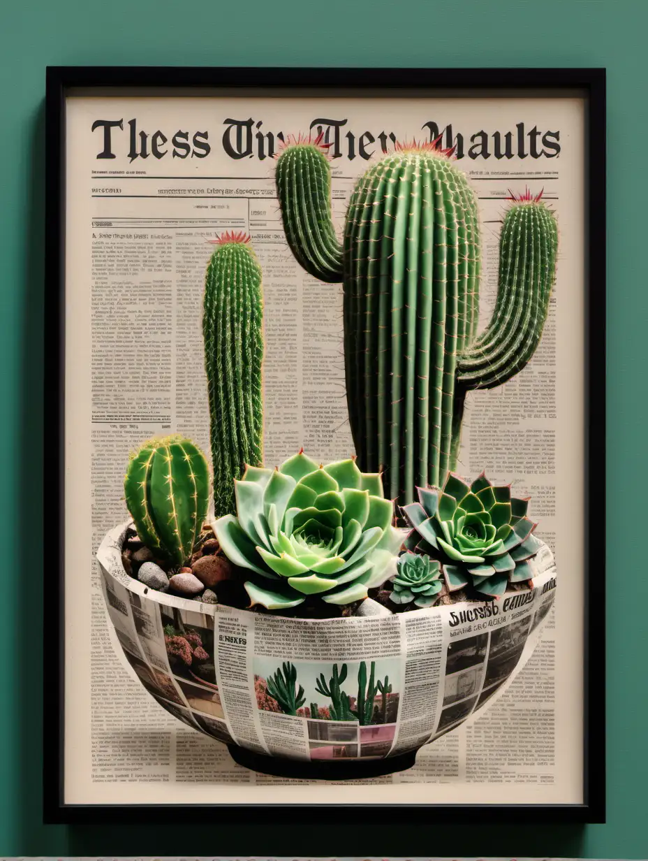 Diverse Collection of Succulents in a Collage Newspaper Artwork