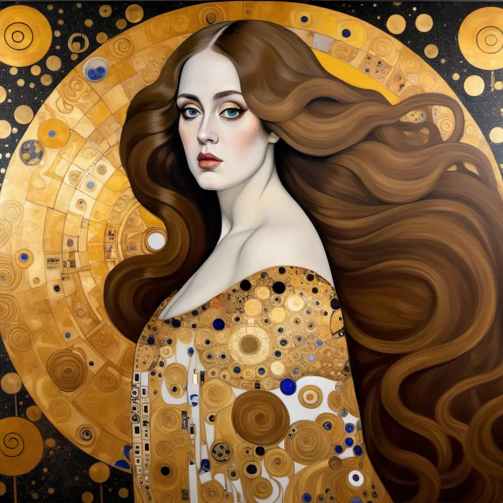in the style of artist Gustav Klimt's Portrait of Adele Bloch Bauer I , feature flowing hair on the woman, create a painting on canvas that combines the Gemini astrological sign and it's astrological meaning, include feminine attributes, hang the canvas painting on a white wall  