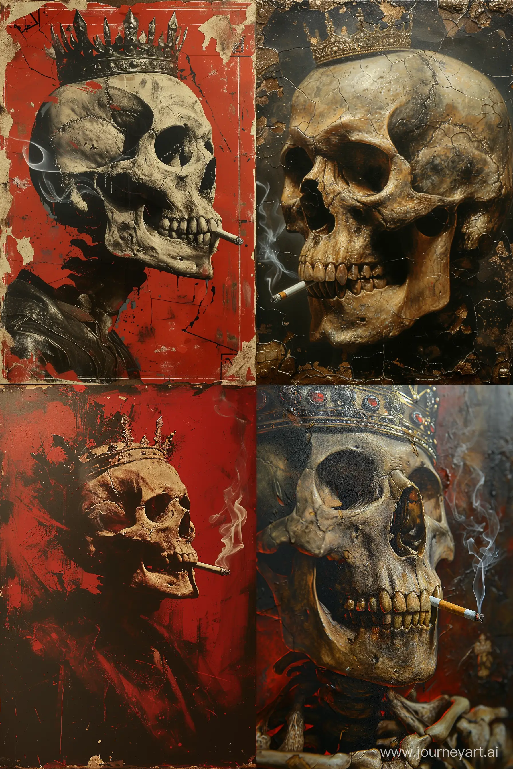 a portrait of the skull of a king with a crown, smoking a cigarette by Alec Monopoly --ar 2:3 --style raw --stylize 750 --v 6