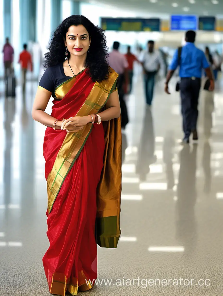 Full body image of A 40 years old kerala woman who looks 99% like malayalam movie actress honey rose. The woman is wearing a red silk saree. The woman has very long hair and perfect body. The woman is wearing lots of jewelry. The women is at the airport. Women is sending off her husband. 