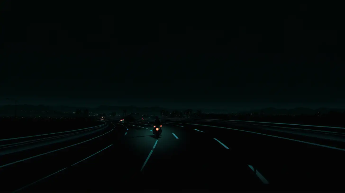 Time of day: Night
Setting: A dark and winding freeway at night
Background: The expansive, dimly lit freeway stretches into the distance, with the faint outline of vehicles on the road
Style/Coloring: Silhouettes in the dark night, with minimal lighting from distant headlights
Action: From a distance, a car is seen in front of a motorcycle, their silhouettes visible against the dark surroundings as they both navigate the freeway at night
Items: The freeway, the distant vehicles, and the silhouettes of the car and the motorcycle contribute to the scene's atmosphere
Accessories: The dark night setting and the distant headlights of vehicles create a mysterious and tense ambiance as the two figures continue their journey on the freeway at night.