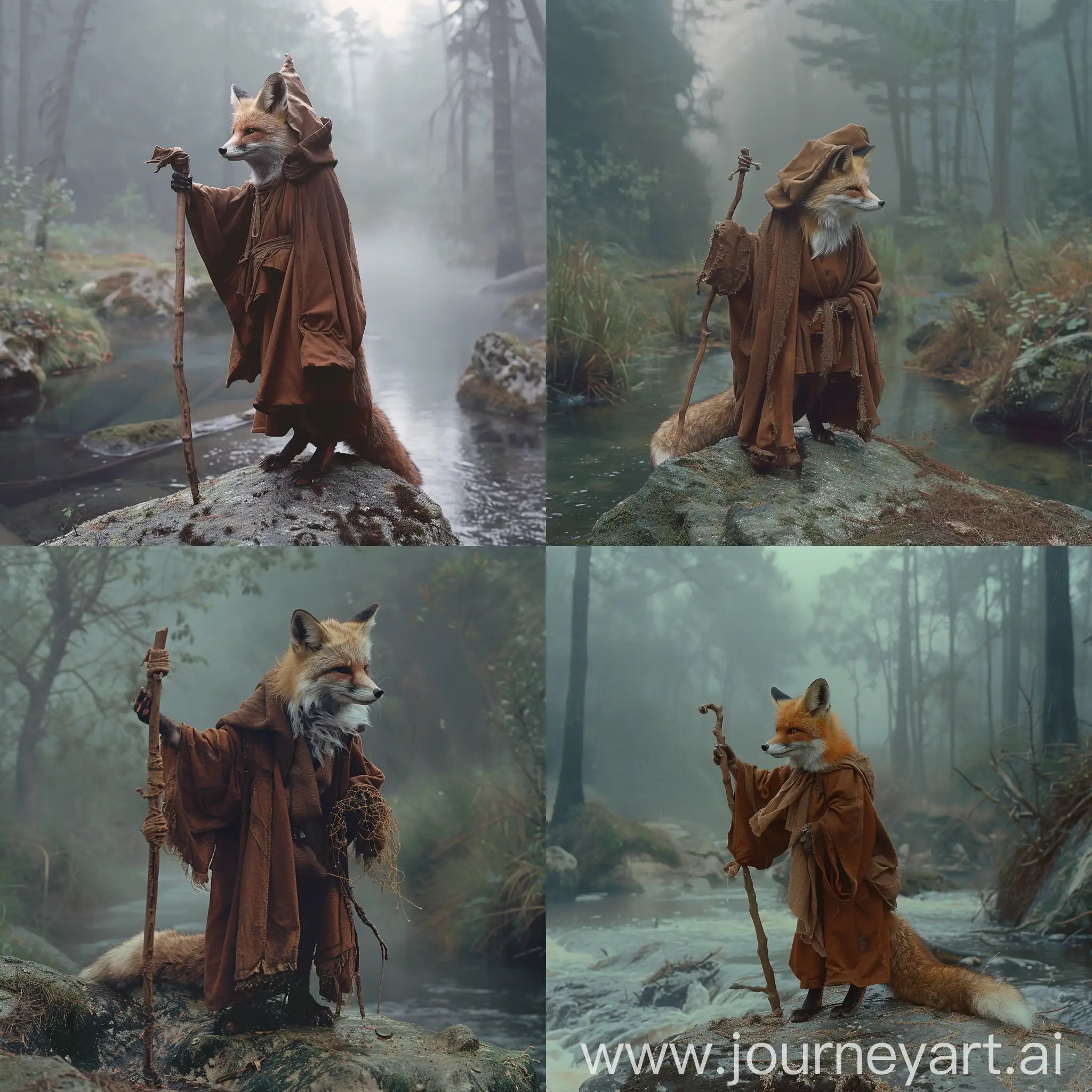 an elderly fox dressed as a wizard standing on a boulder while leaning on a crooked walking stick in a bog of dagobah, dense old growth forest in the background BREAK tattered brown robe BREAK film still from 80s b-movie . highly detailed, panavision, moody, foggy film, soft glare, cold colors, sharp focus, film grain, grainy
