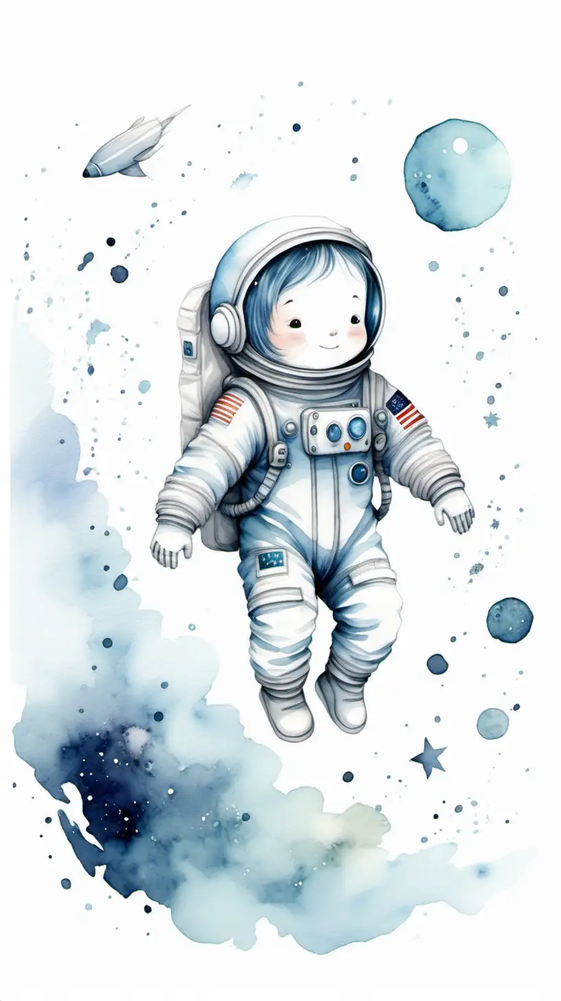  kids story book style, soft muted colors, greys and blues, watercolor style, small cute astronaut floating on a solid white background, Agnes Cecile style