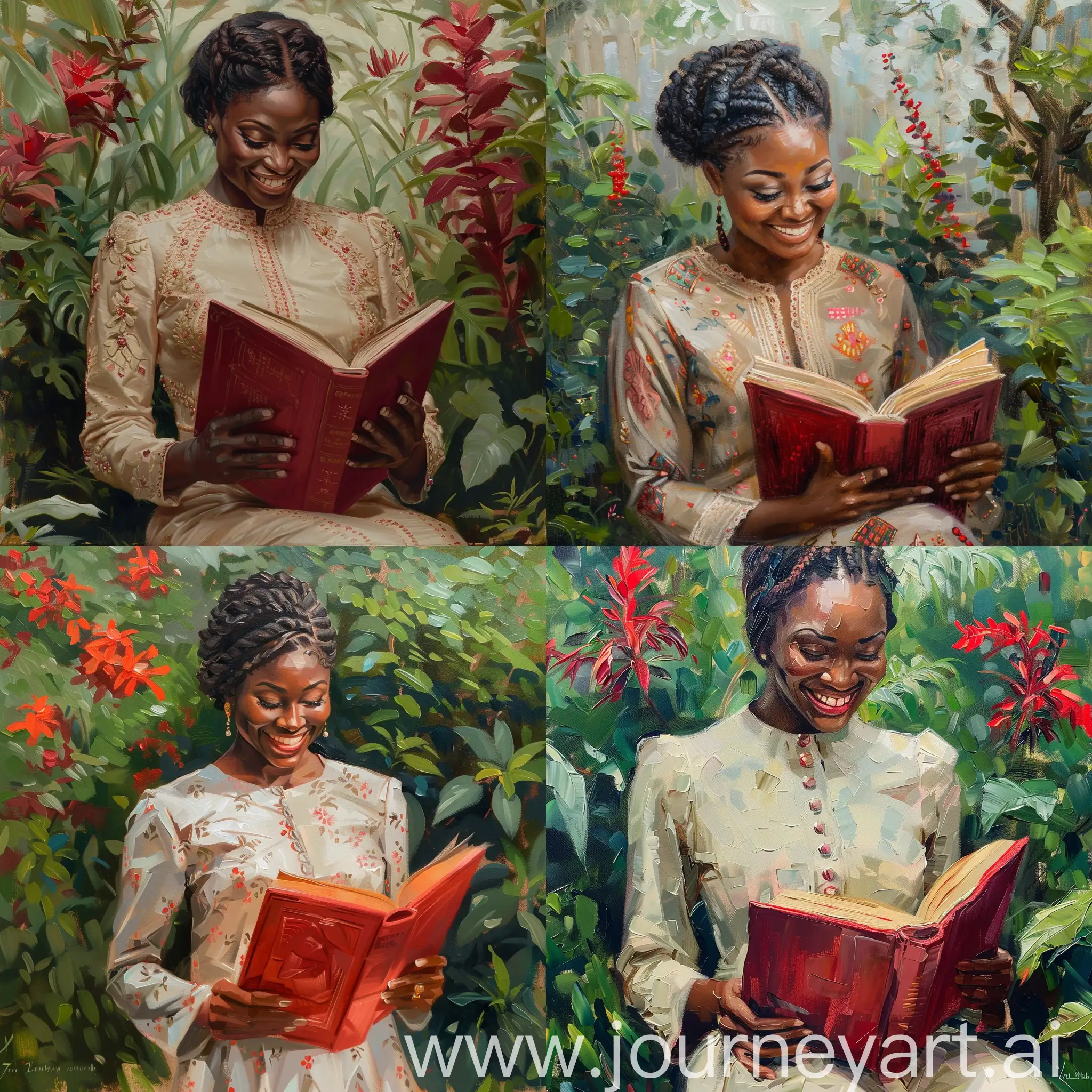Upper body portrait of a elegantly smiling curvy Nigerian woman in modest_longsleeved_buttonedup_geometricshapedesigned_kurta, short_braid, modest, in a garden, reading a great thick red book, looking down at the book, focused reading, power reading, detailed oil-gauche painting