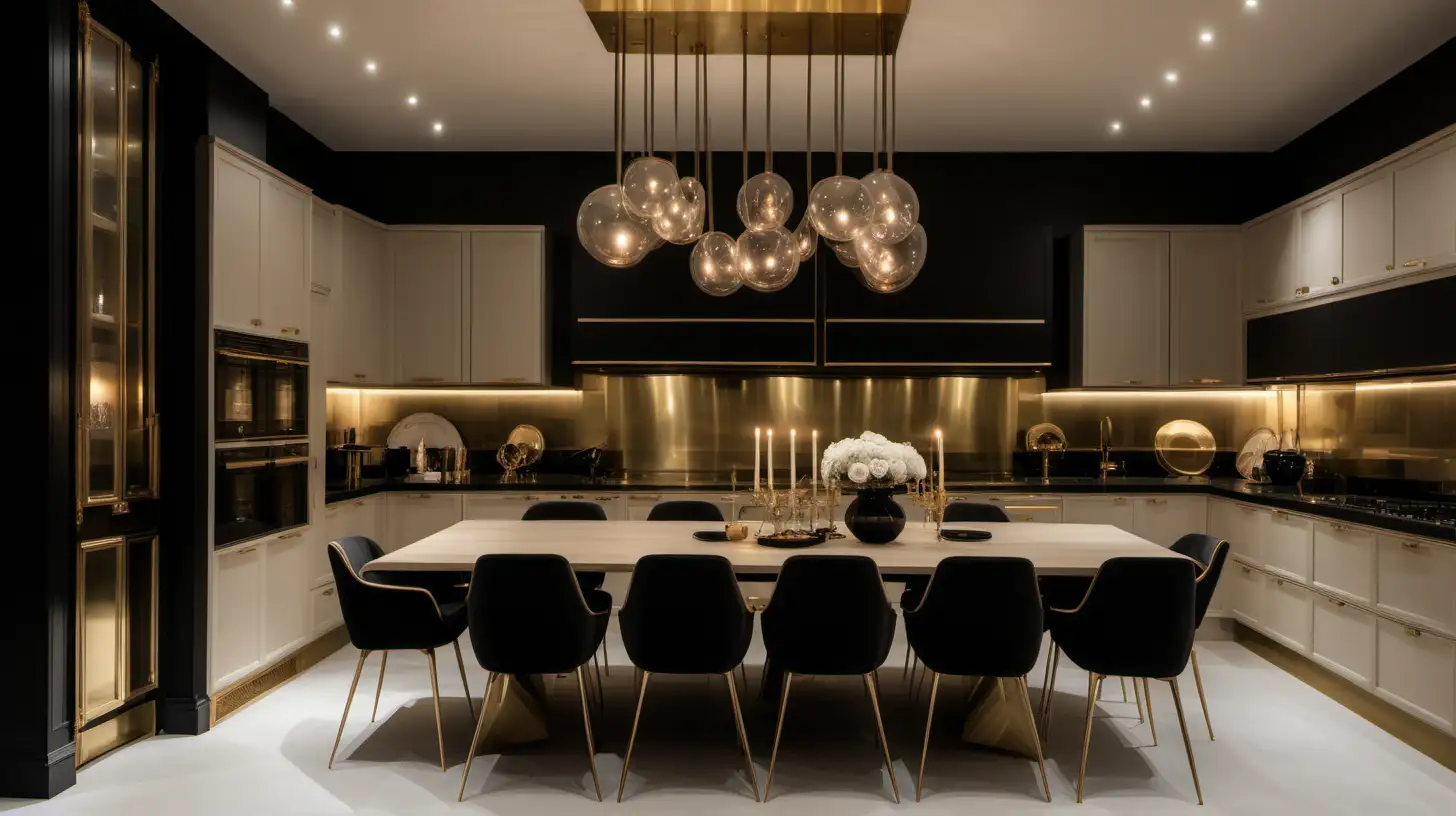  modern Parisian grand estate home kitchen and dining room; beige, oak, brass with accents of black colour palette; at night with mood lighting;