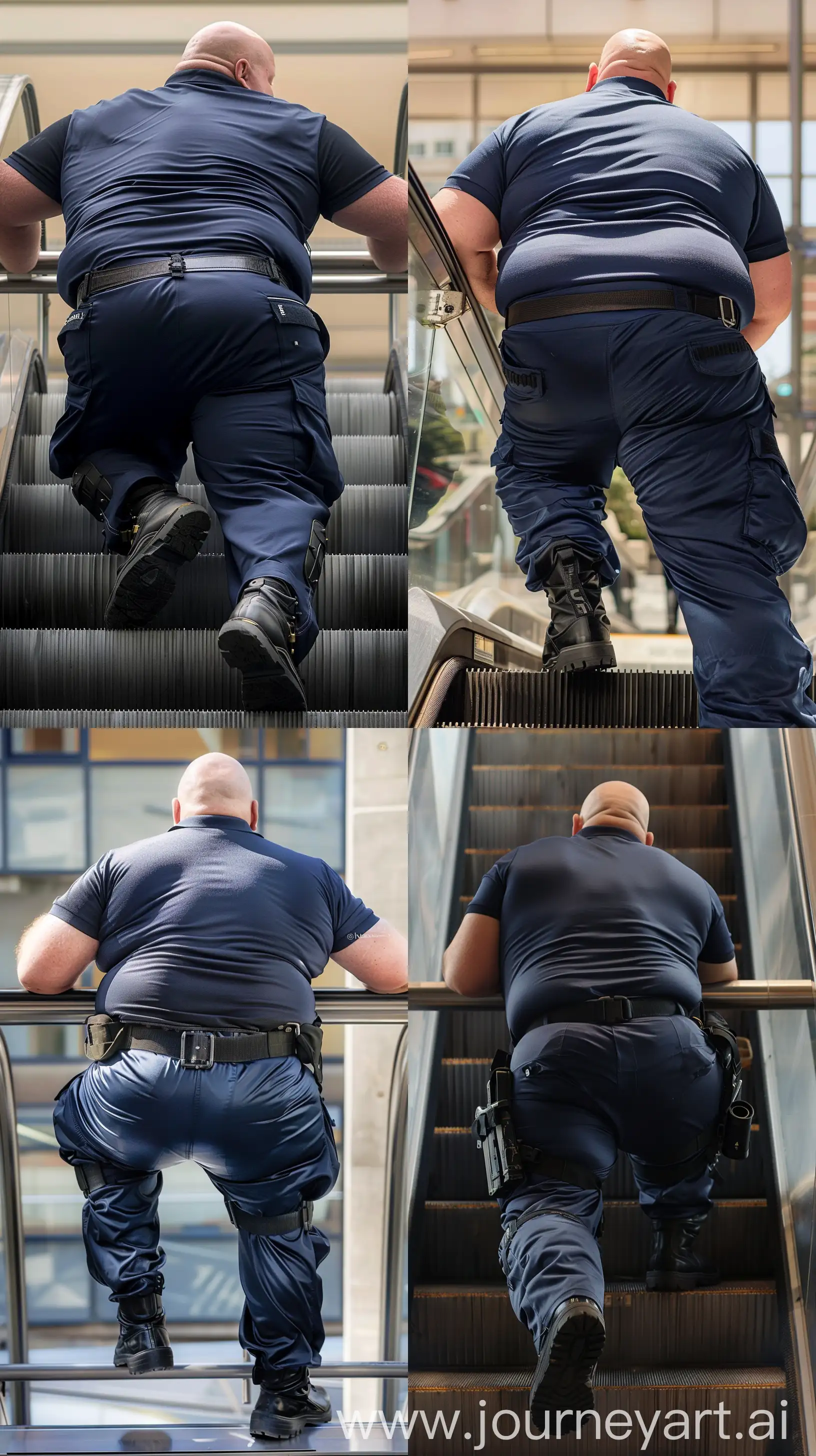 Close-up full body back view photo of a very fat man aged 60. The man is wearing silk navy tight fitting battle pants tucked in black tactical boots, a tucked in silk navy sport polo shirt and a black tactical belt. Legs straight leaning on the handrail of an escalator. Outside. Bald. Clean Shaven. Natural light. --ar 9:16