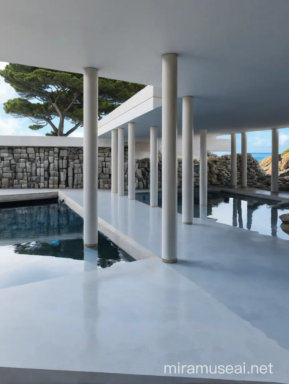 Seaside Portico with Reflective Water and Stone Columns