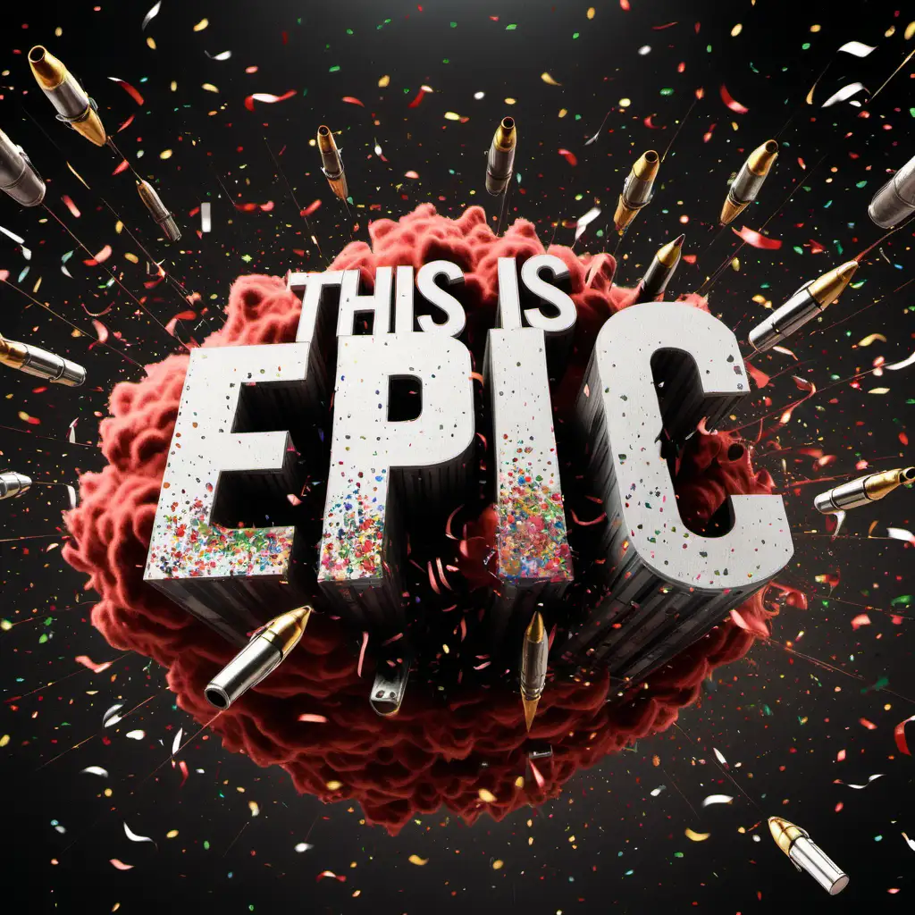 text saying this is epic with explosions and confetti and bullets flying