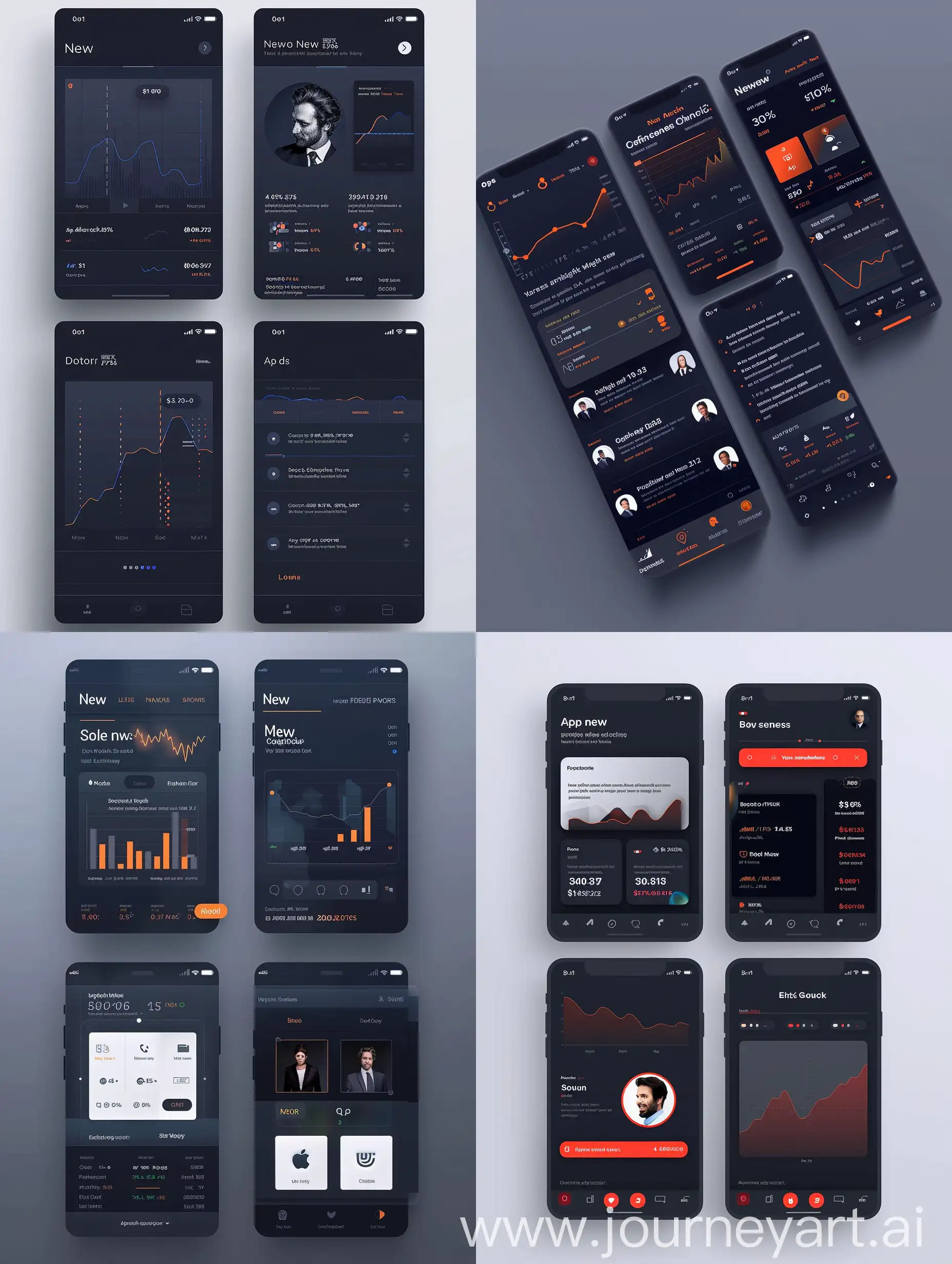 create a mobile app UI design for a finance news app, the app has to be four pages: main page with the news, a second page with the portfolio, a third page with the profile of the investor and a last page with the configs