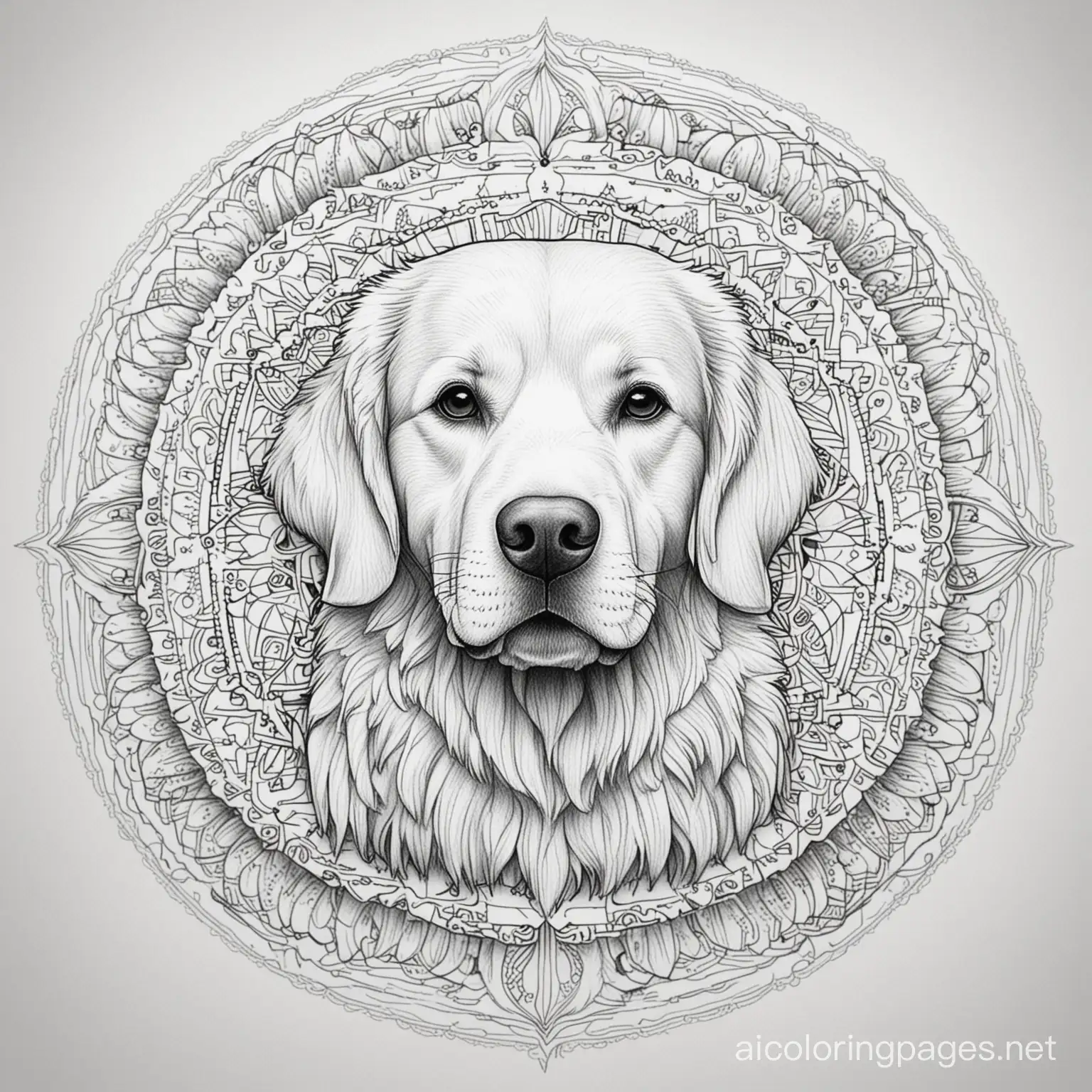 Golden Retriver dog mandala

, Coloring Page, black and white, line art, white background, Simplicity, Ample White Space. The background of the coloring page is plain white to make it easy for young children to color within the lines. The outlines of all the subjects are easy to distinguish, making it simple for kids to color without too much difficulty