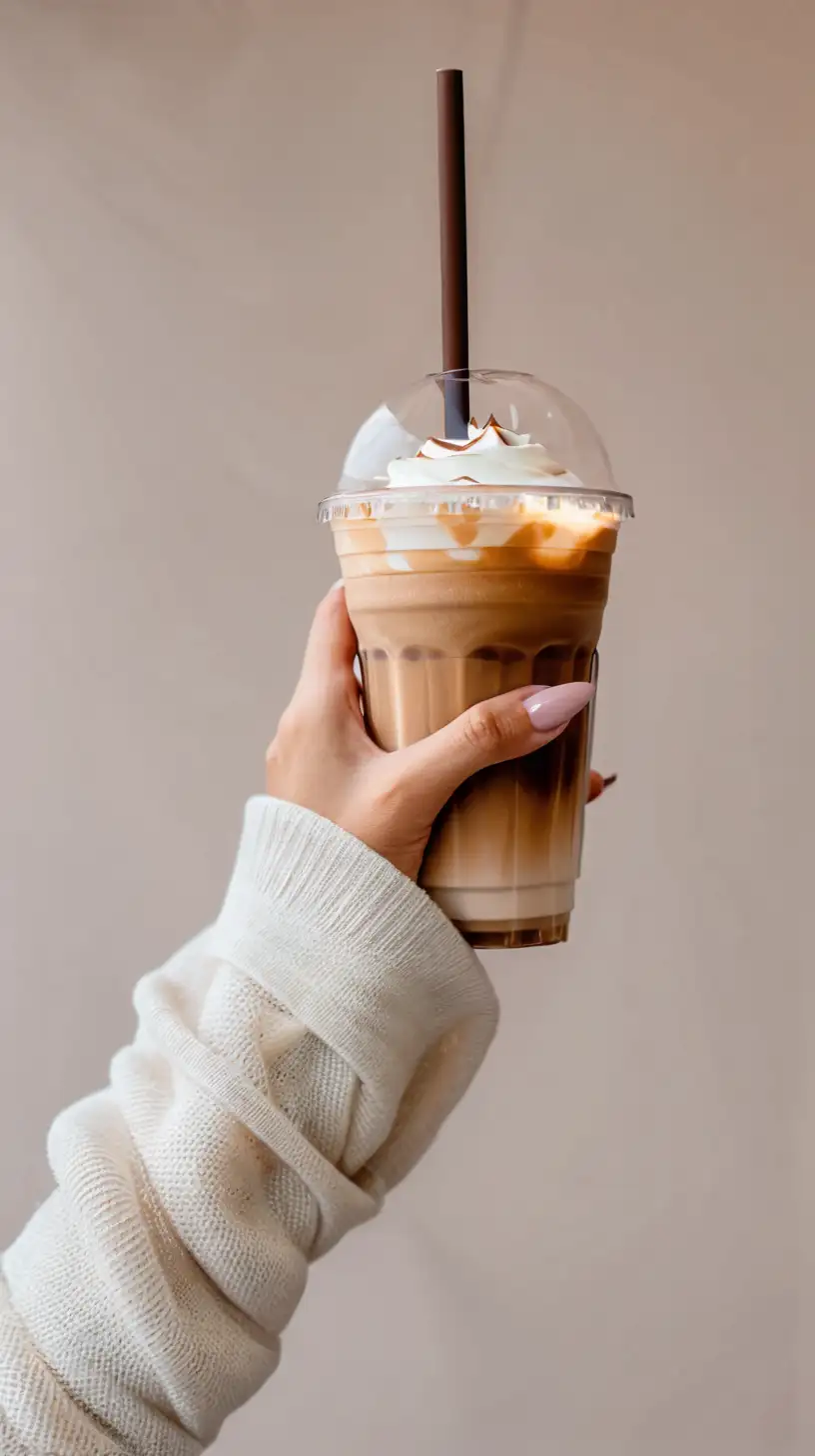 Woman in White Blouse Enjoying Iced Latte with Pink Nails