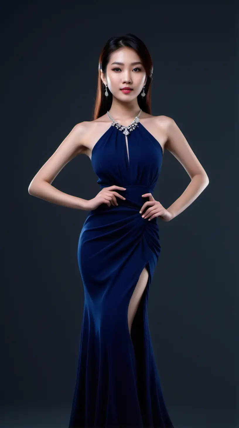 Elegant Asian Model in Stunning Dark Blue Evening Gown with Exquisite Necklace 4K HD Image
