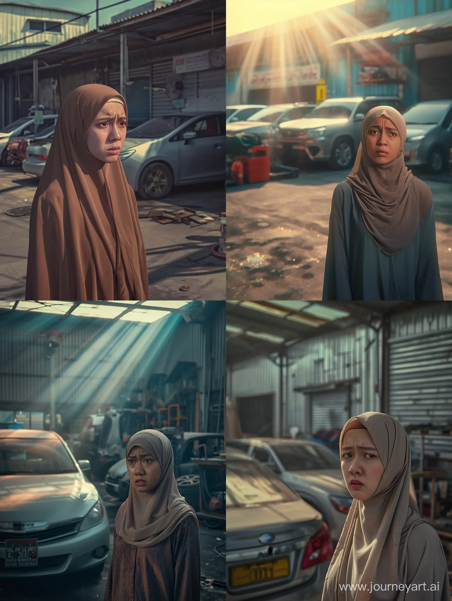 Ultra realistic, a Malay woman wearing a hijab standing with a disappointed face in front of a car workshop. The workshop is closed and locked. the atmosphere in the modern workshop with the rays of the morning sun. canon eos-id x mark iii dslr --v 6.0